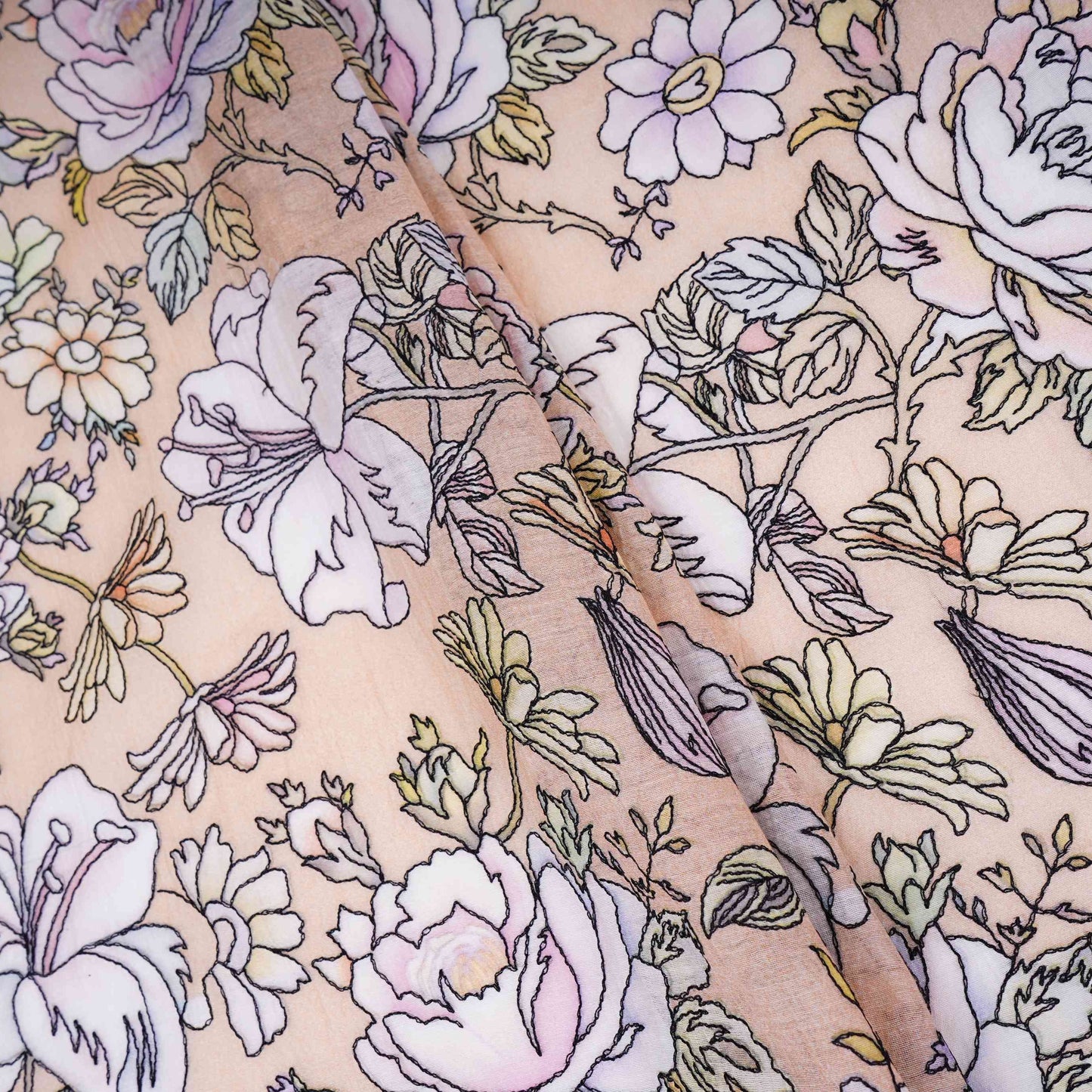 Light Tan floral thread embroidery Pure Cotton Chanderi Fabric VI-31008