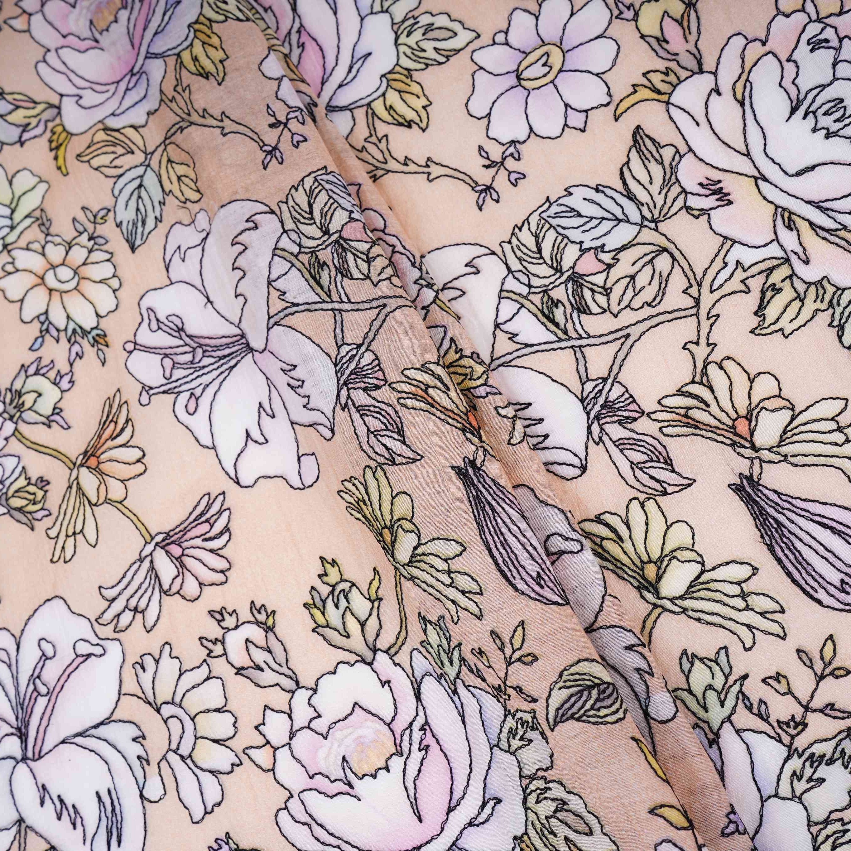Light Tan floral thread embroidery Pure Cotton Chanderi Fabric VI-31008 - TradeUNO