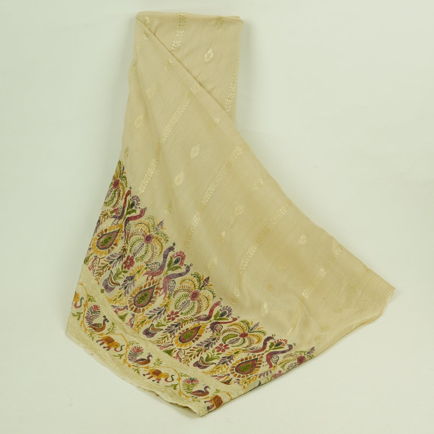Beige With Multicolor Mughal Embroidery Munga Silk Fabric CW-32581