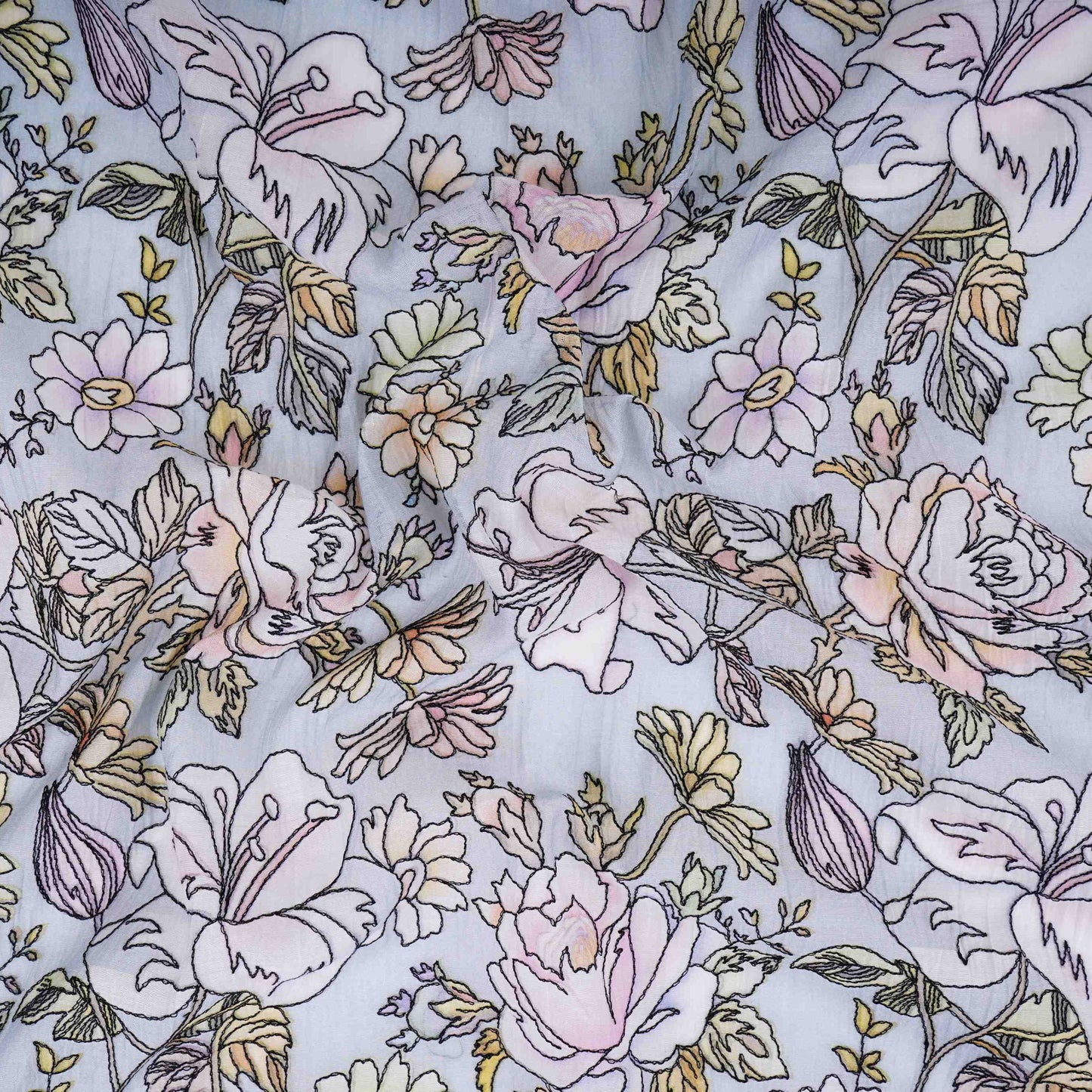 Power Blue floral thread embroidery Pure Cotton Chanderi Fabric VI-31006