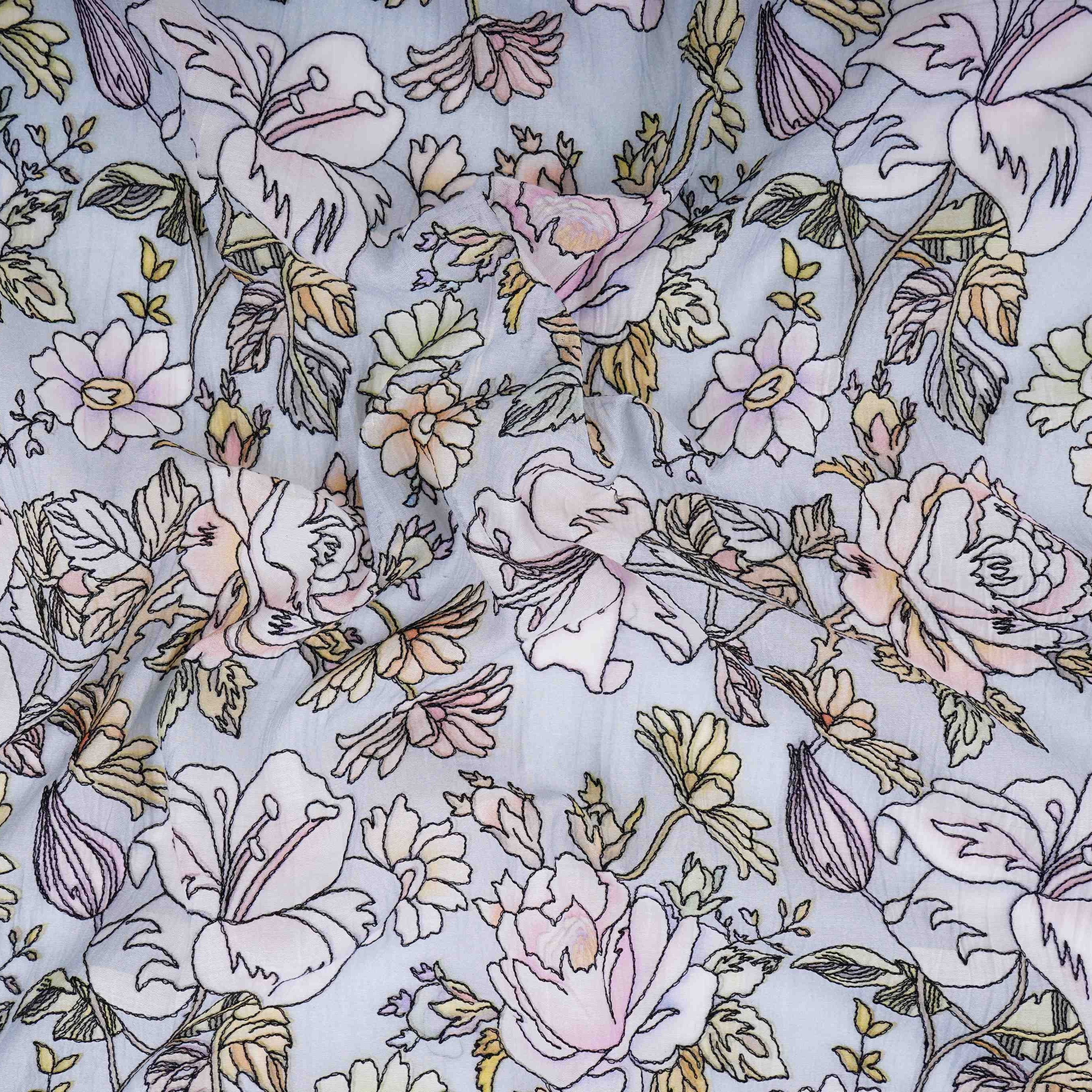 Power Blue floral thread embroidery Pure Cotton Chanderi Fabric VI-31006 - TradeUNO