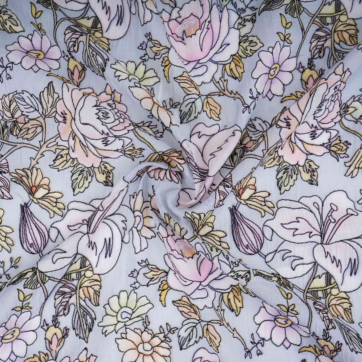 Power Blue floral thread embroidery Pure Cotton Chanderi Fabric VI-31006