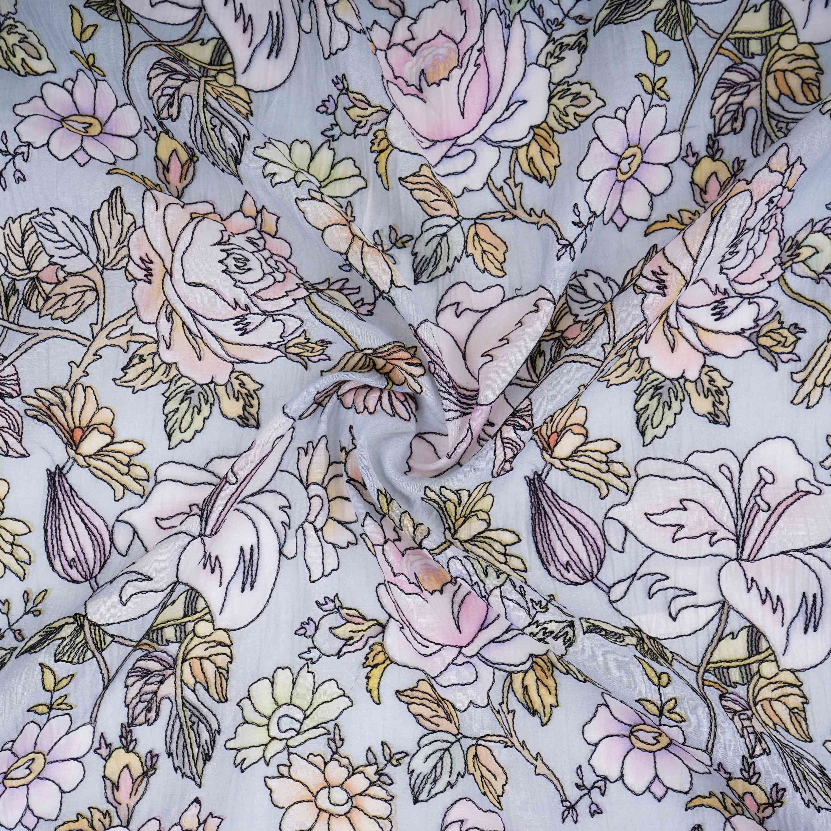 Power Blue floral thread embroidery Pure Cotton Chanderi Fabric VI-31006 - TradeUNO