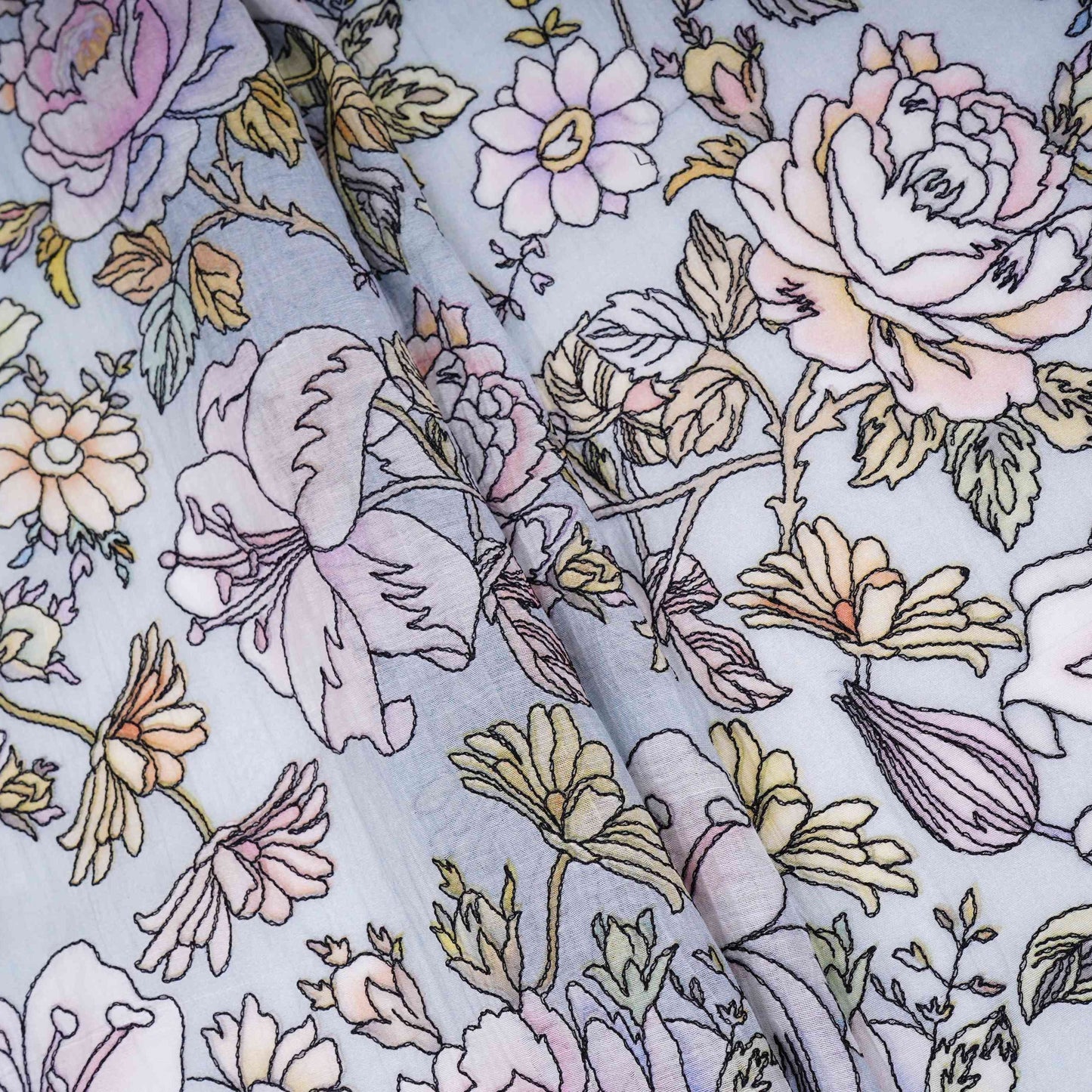 Power Blue floral thread embroidery Pure Cotton Chanderi Fabric VI-31006