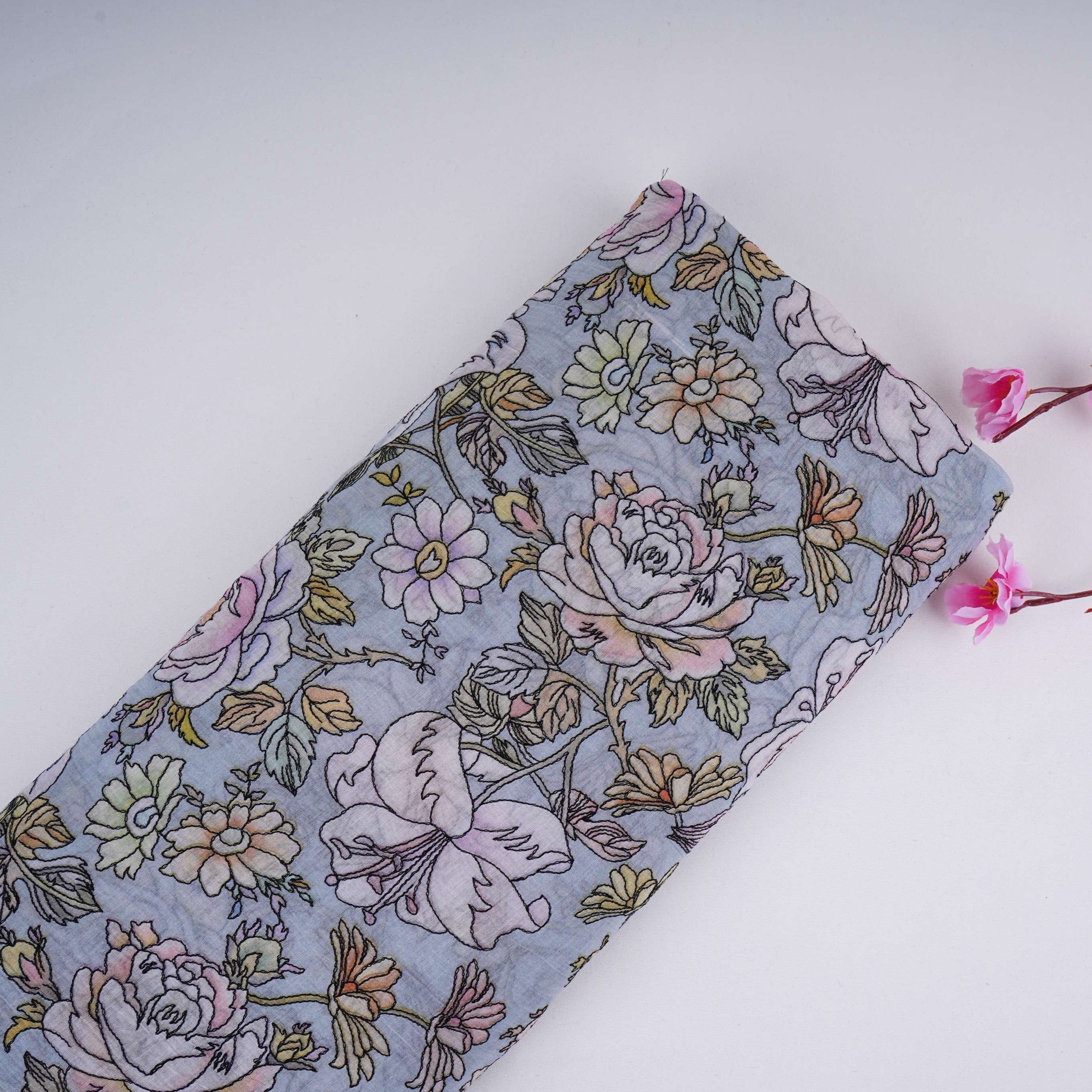 Power Blue floral thread embroidery Pure Cotton Chanderi Fabric VI-31006 - TradeUNO