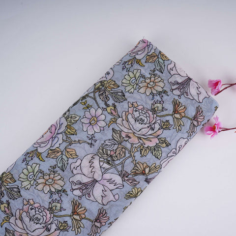 Power Blue floral thread embroidery Pure Cotton Chanderi Fabric VI-31006