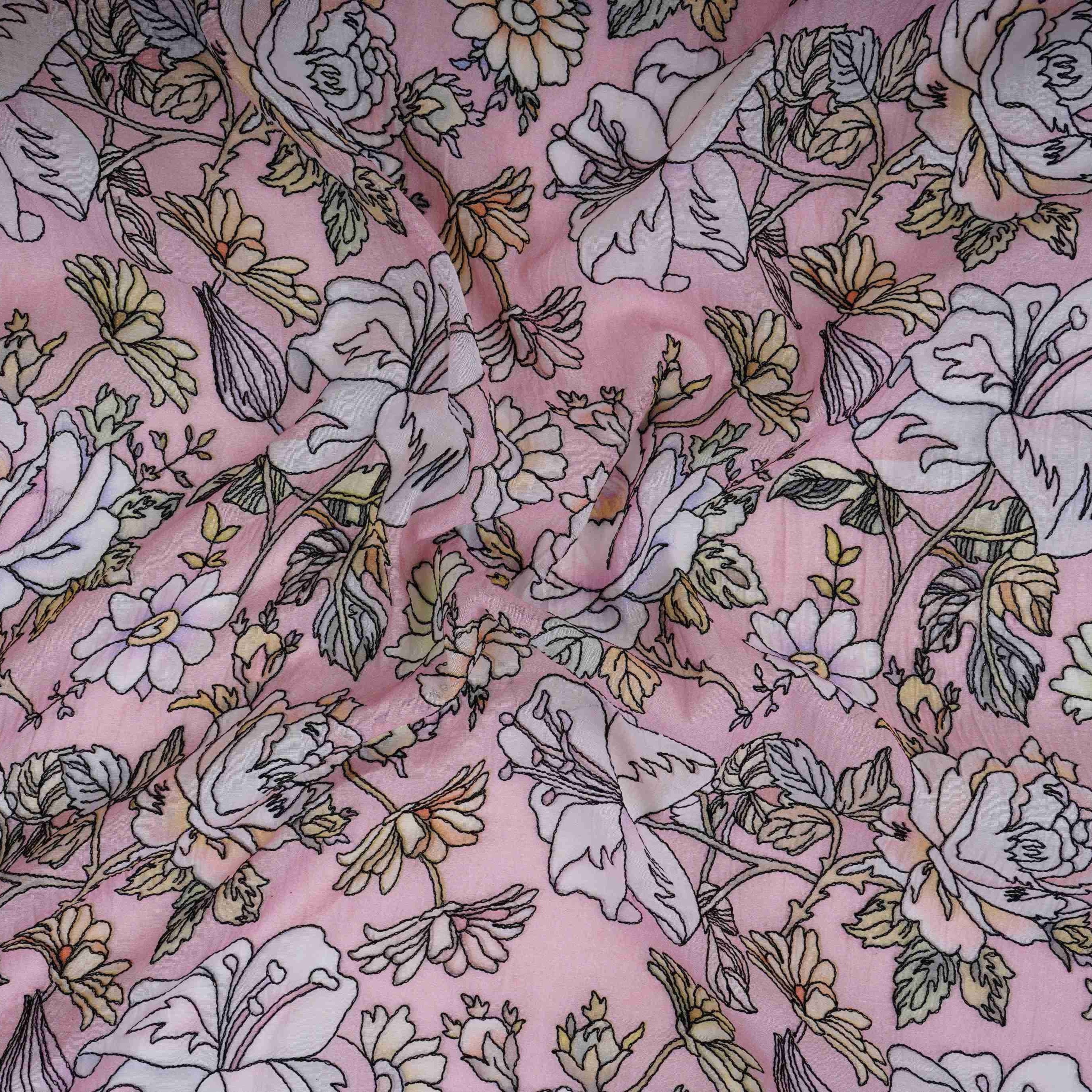 Dusty Pink floral thread embroidery Pure Cotton Chanderi Fabric VI-31009 - TradeUNO