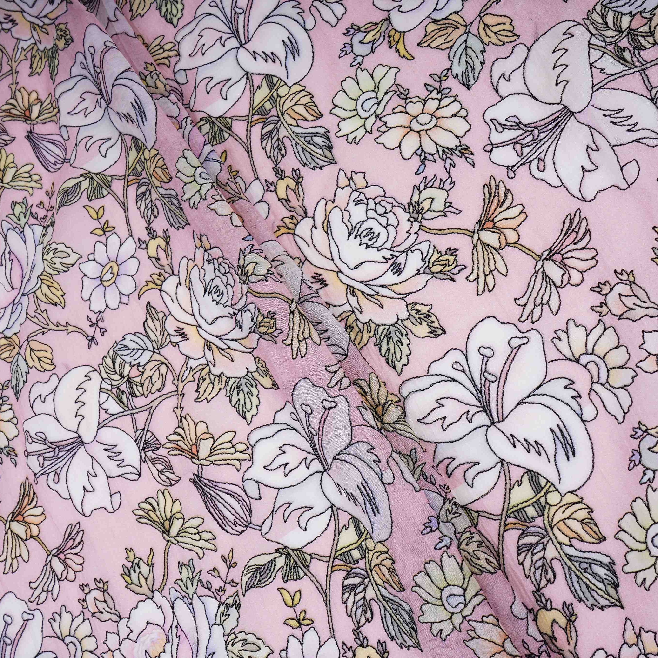 Dusty Pink floral thread embroidery Pure Cotton Chanderi Fabric VI-31009 - TradeUNO