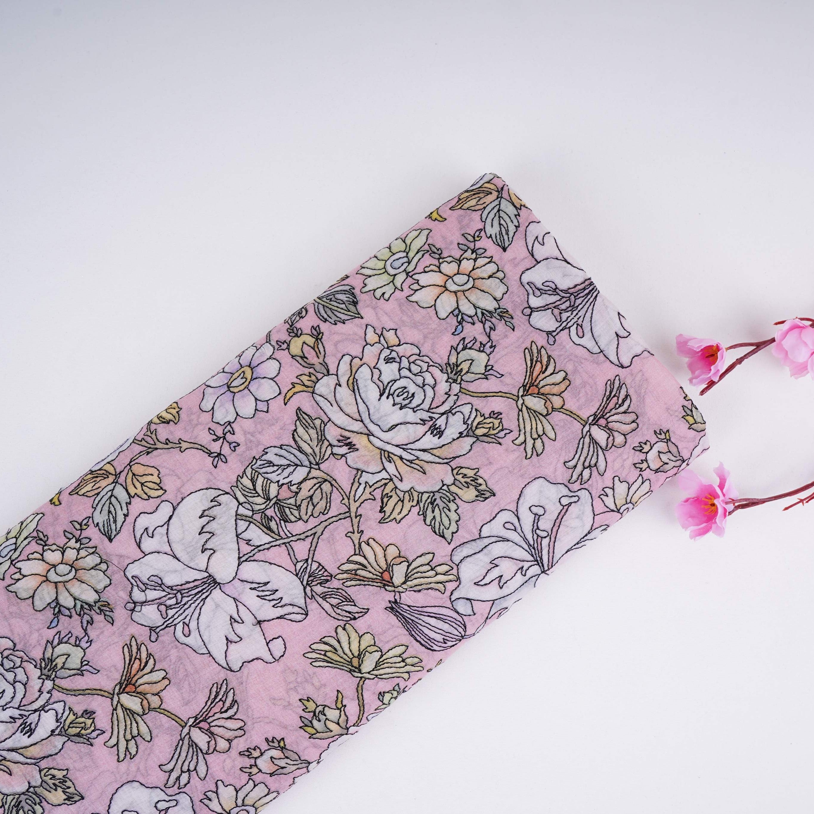 Dusty Pink floral thread embroidery Pure Cotton Chanderi Fabric VI-31009 - TradeUNO