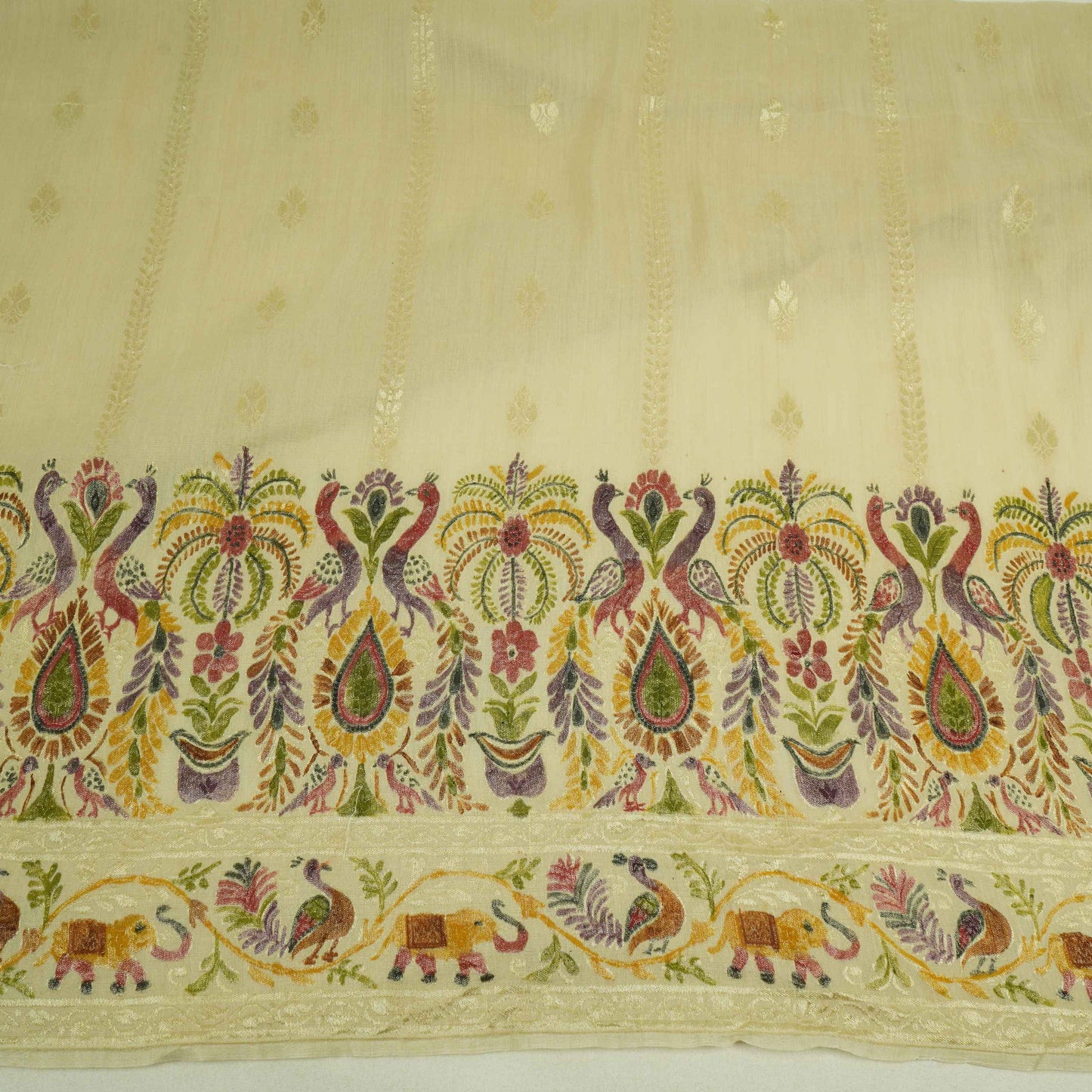 Beige With Multicolor Mughal Embroidery Munga Silk Fabric CW-32581