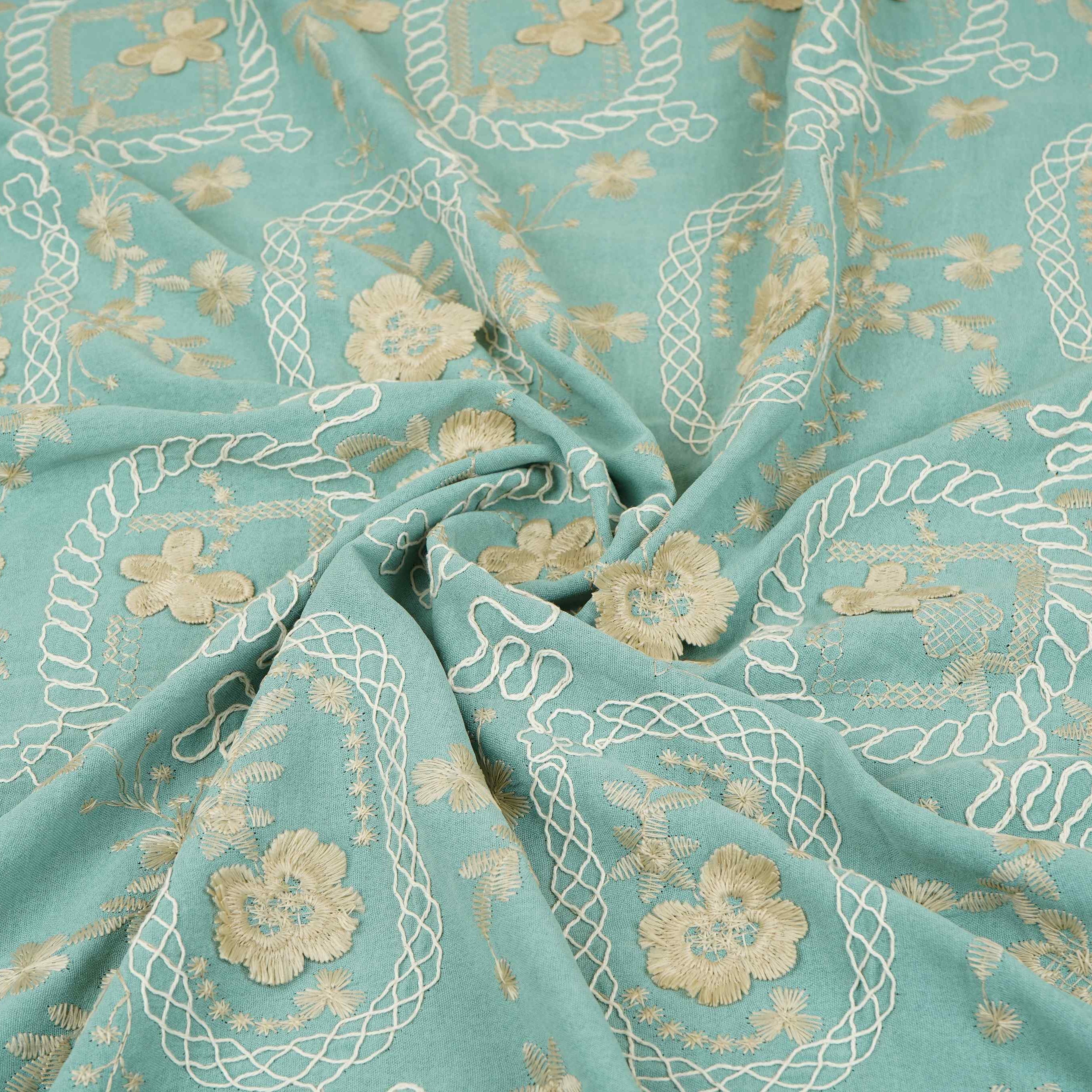 Teal Green 3D Embroidery Moss Crepe Fabric CF-30484 - TradeUNO