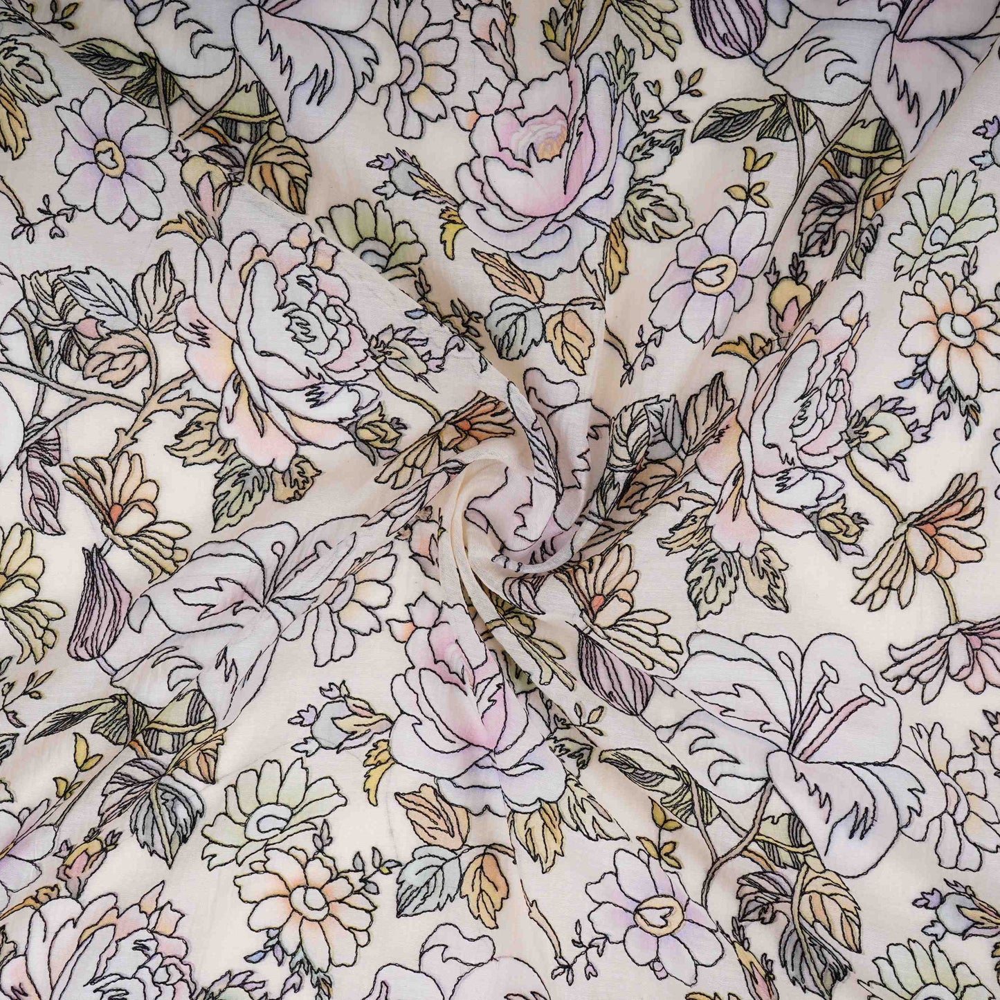 Ivory floral thread embroidery Pure Cotton Chanderi Fabric VI-31007