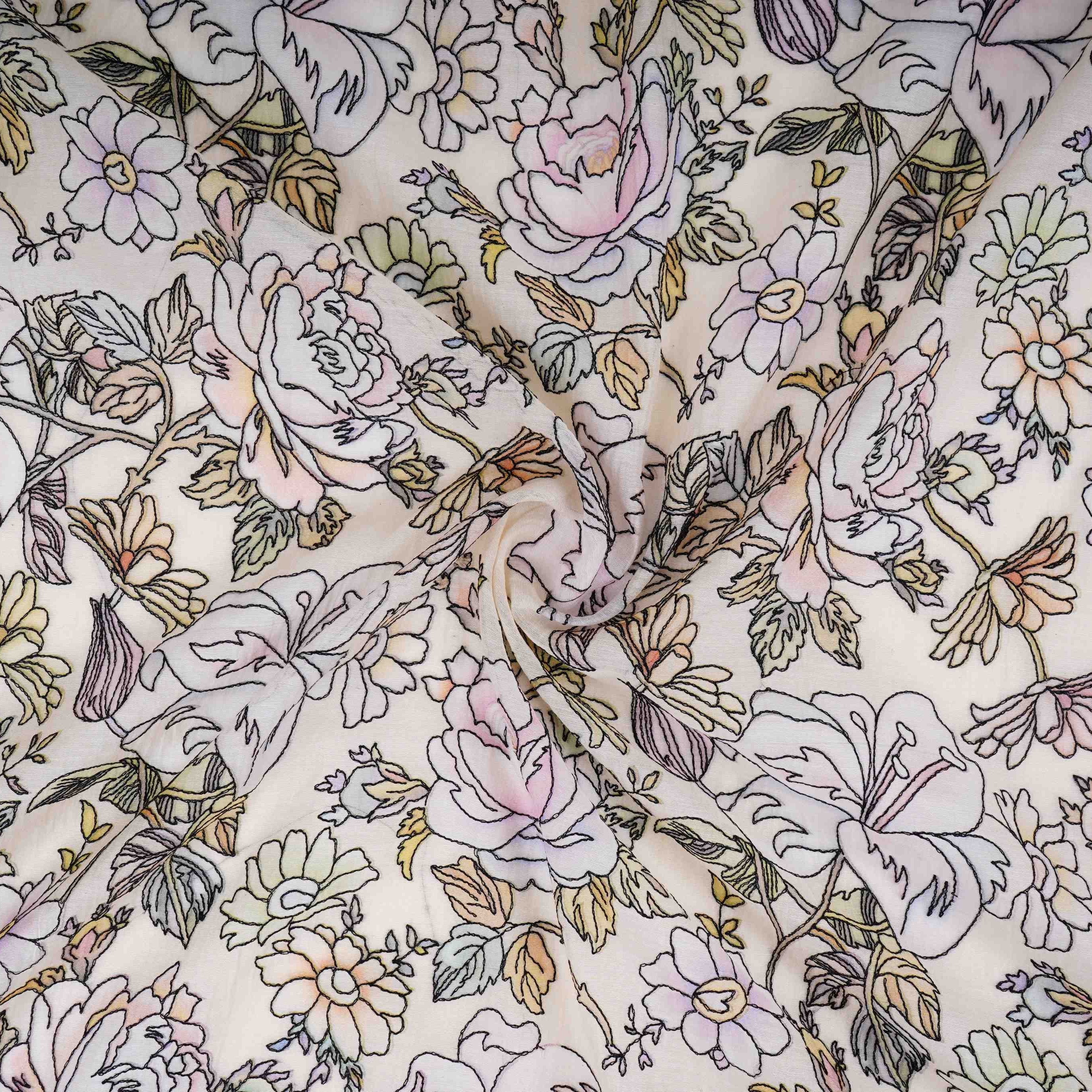 Ivory floral thread embroidery Pure Cotton Chanderi Fabric VI-31007 - TradeUNO