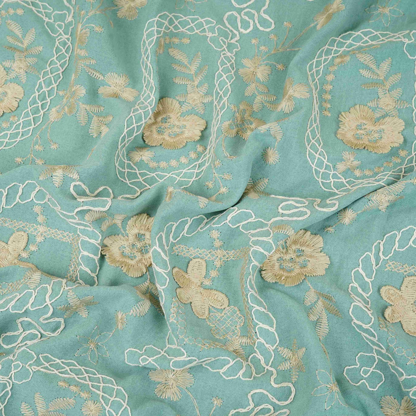 Teal Green 3D Embroidery Moss Crepe Fabric CF-30484