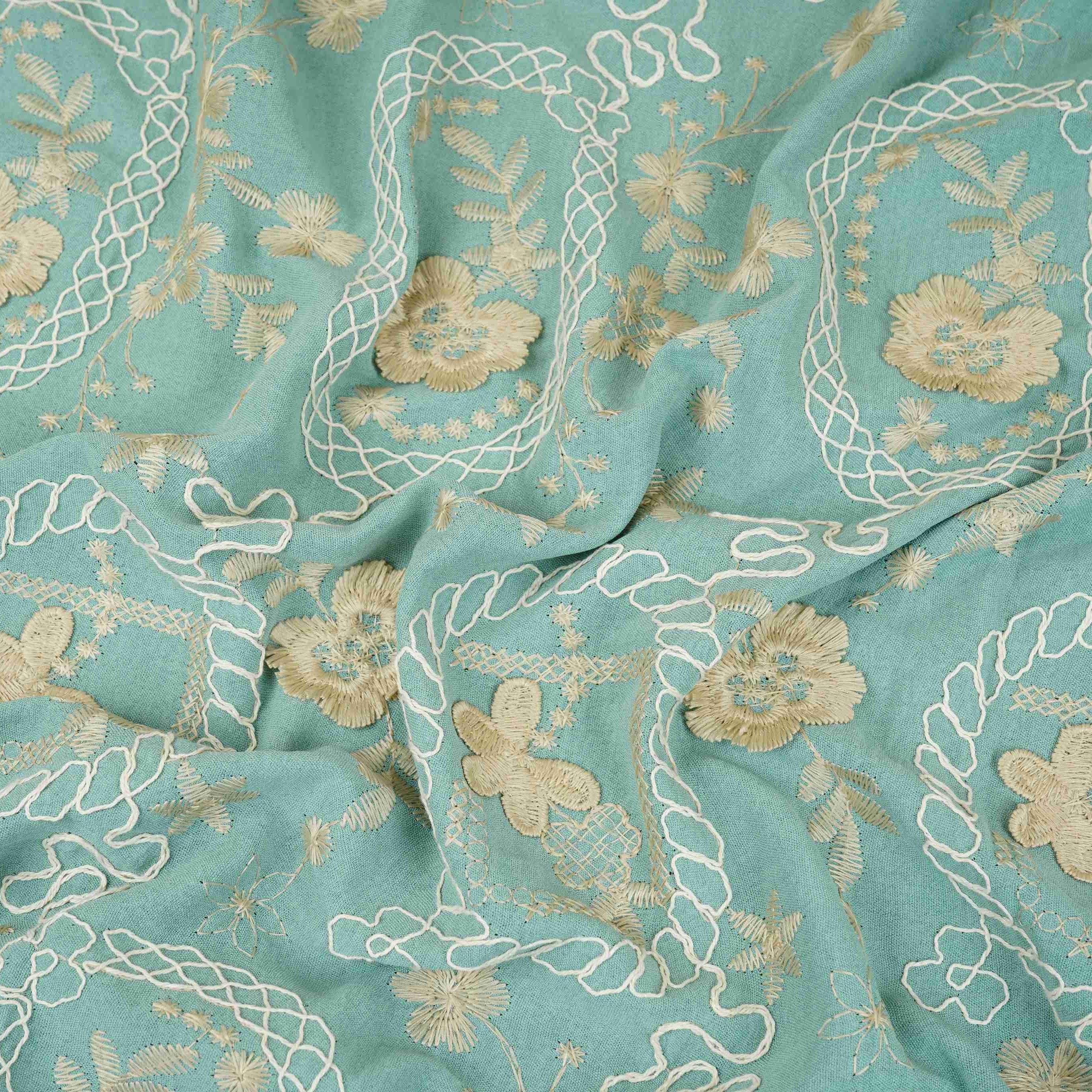 Teal Green 3D Embroidery Moss Crepe Fabric CF-30484 - TradeUNO