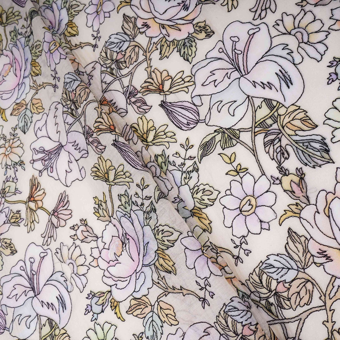 Ivory floral thread embroidery Pure Cotton Chanderi Fabric VI-31007
