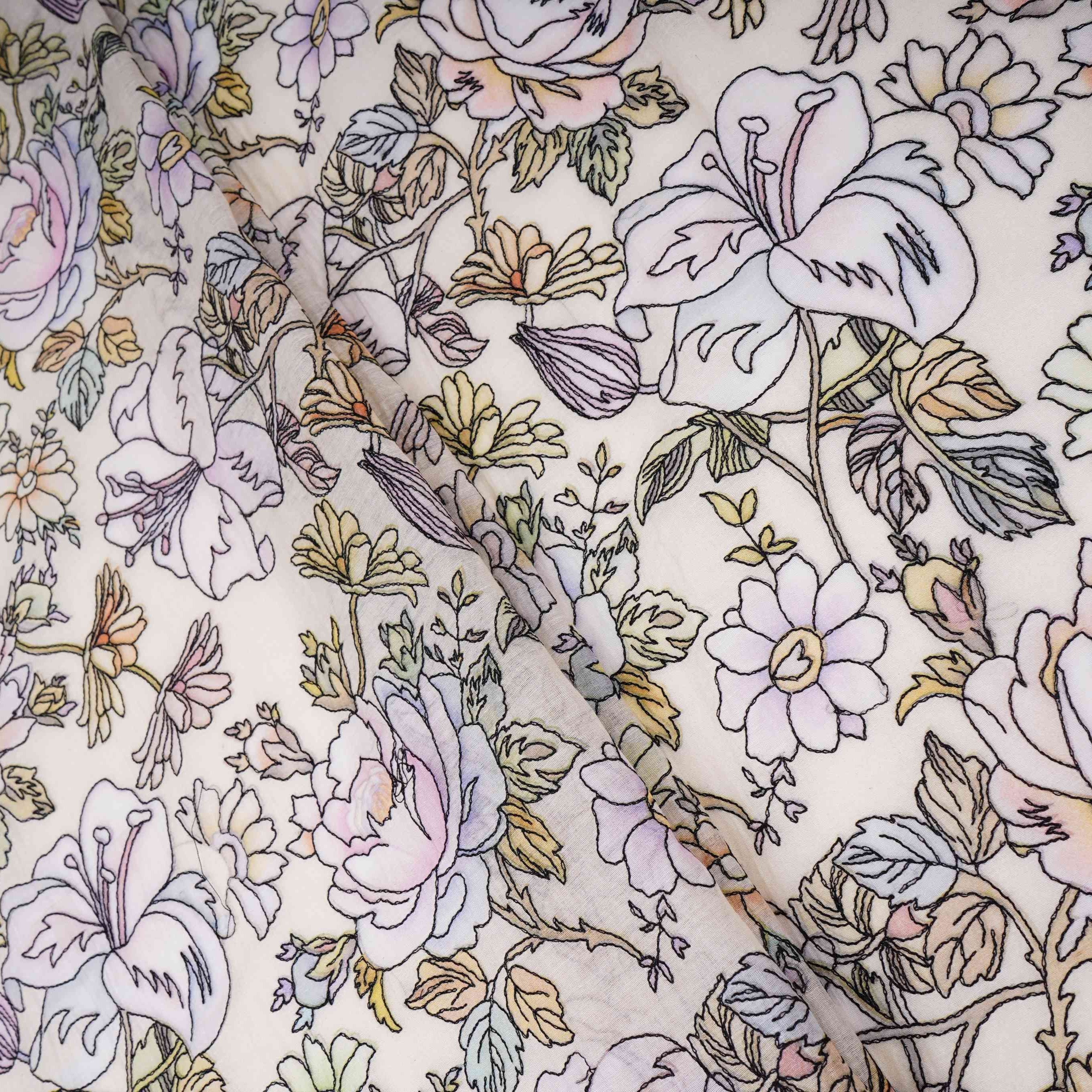 Ivory floral thread embroidery Pure Cotton Chanderi Fabric VI-31007 - TradeUNO