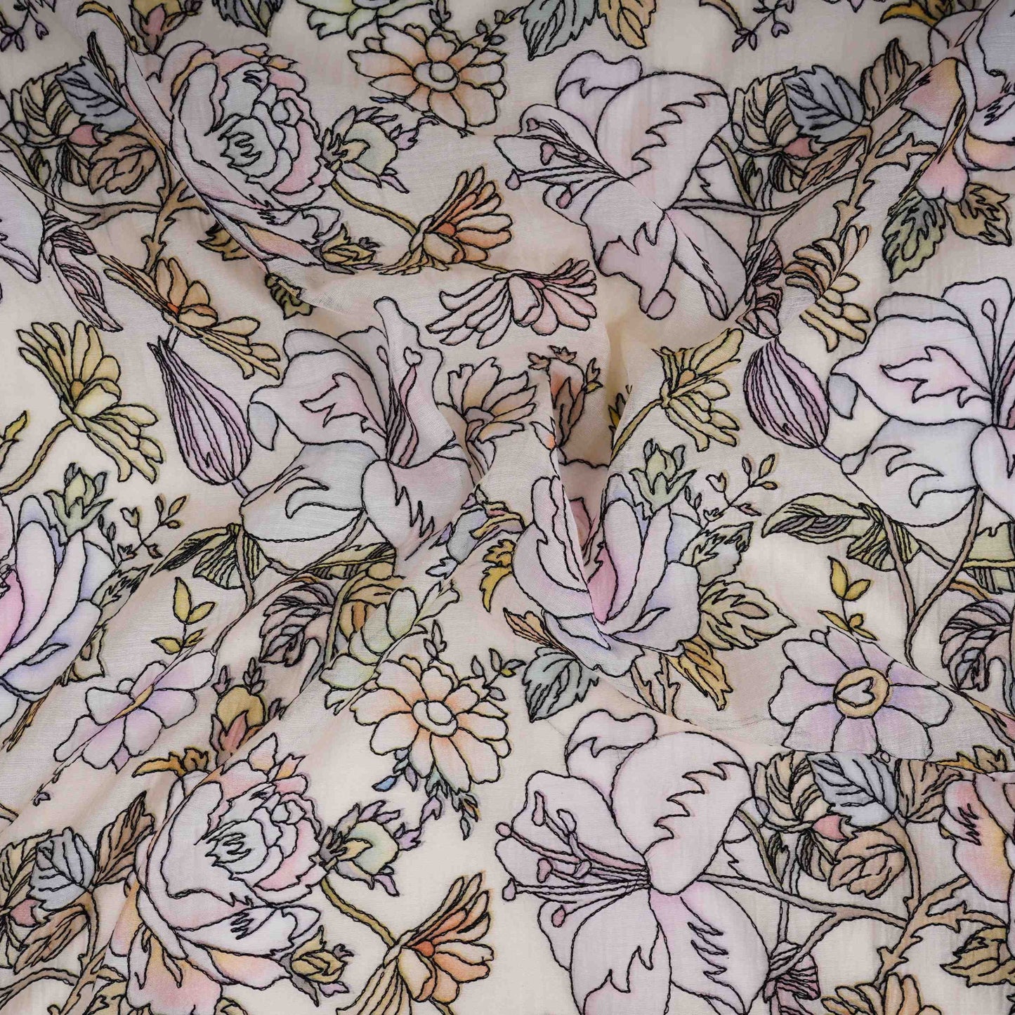 Ivory floral thread embroidery Pure Cotton Chanderi Fabric VI-31007