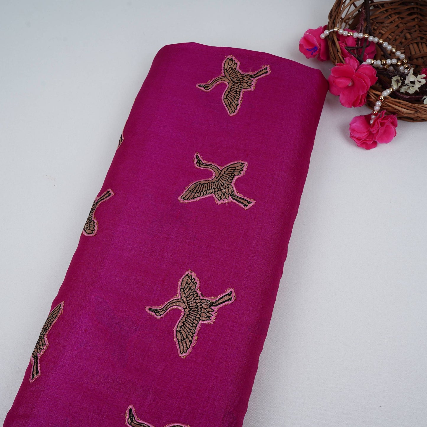 Magenta Parsi Embroidery Pure Tusser Silk Fabric CW-32561