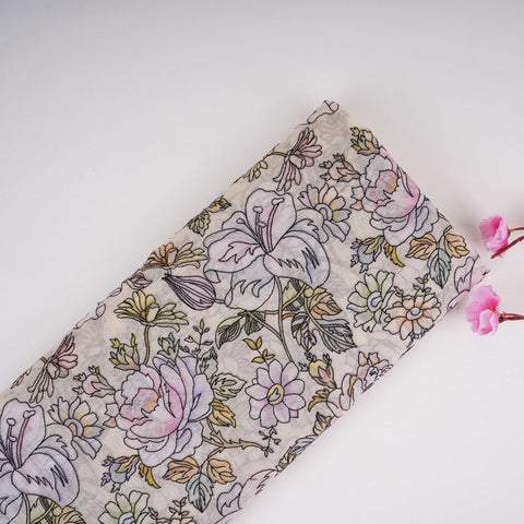 Ivory floral thread embroidery Pure Cotton Chanderi Fabric VI-31007