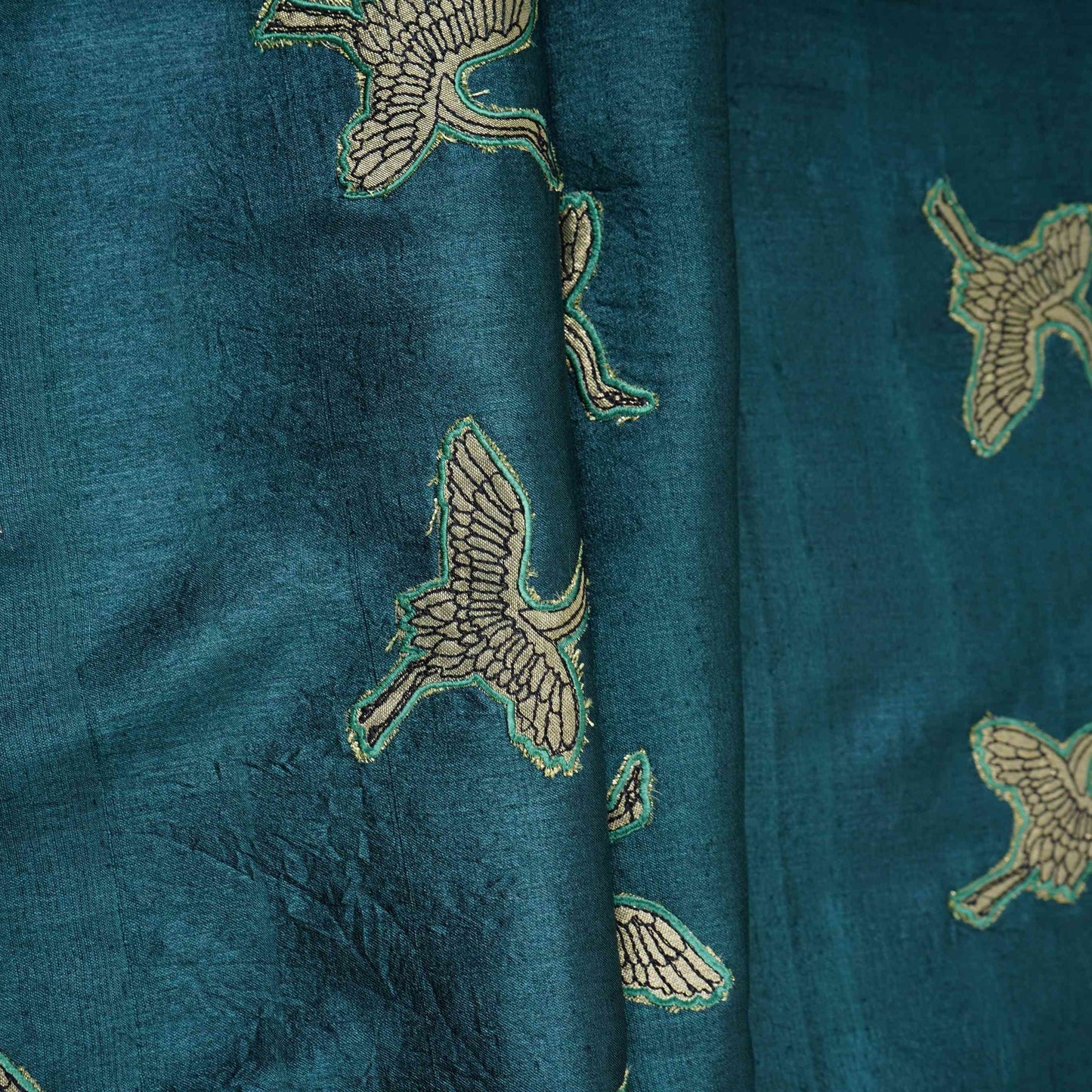Dark Green Parsi Embroidery Pure Tusser Silk Fabric CW-32562
