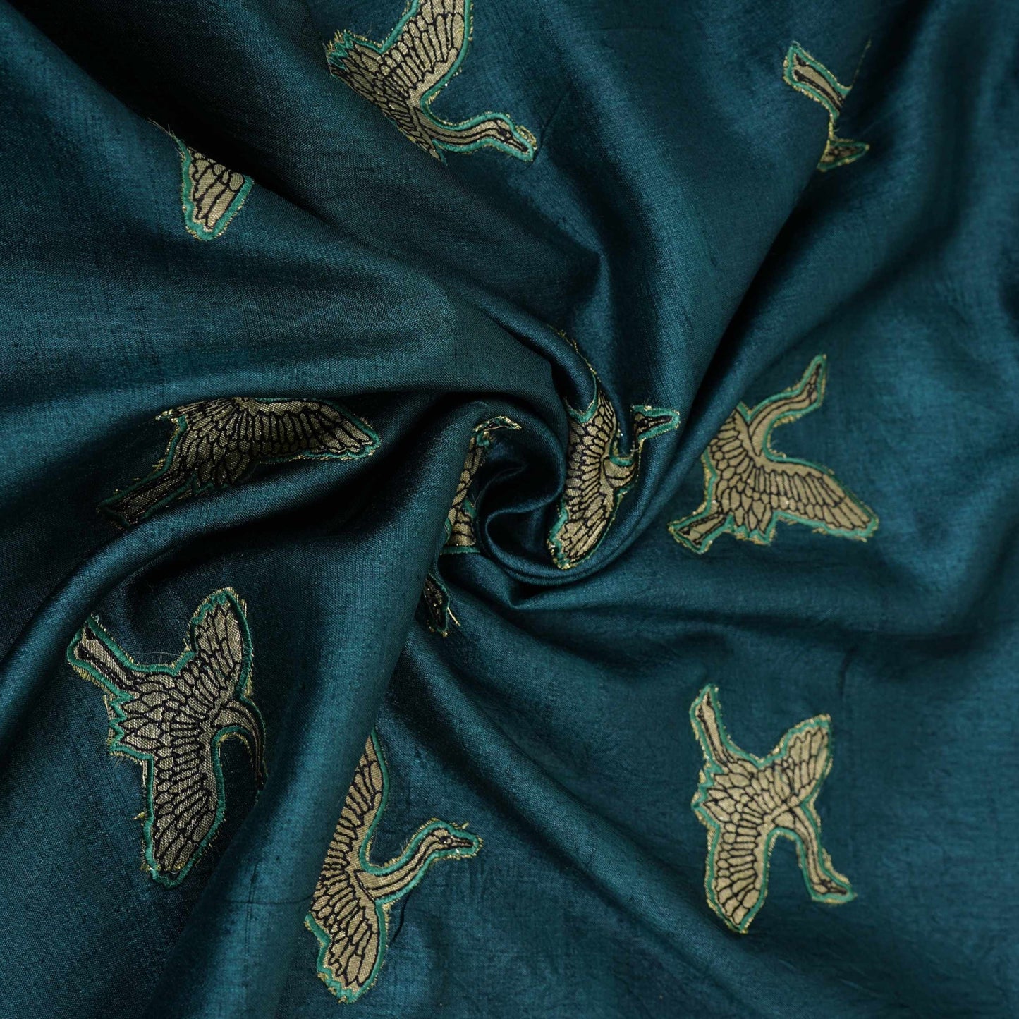 Dark Green Parsi Embroidery Pure Tusser Silk Fabric CW-32562