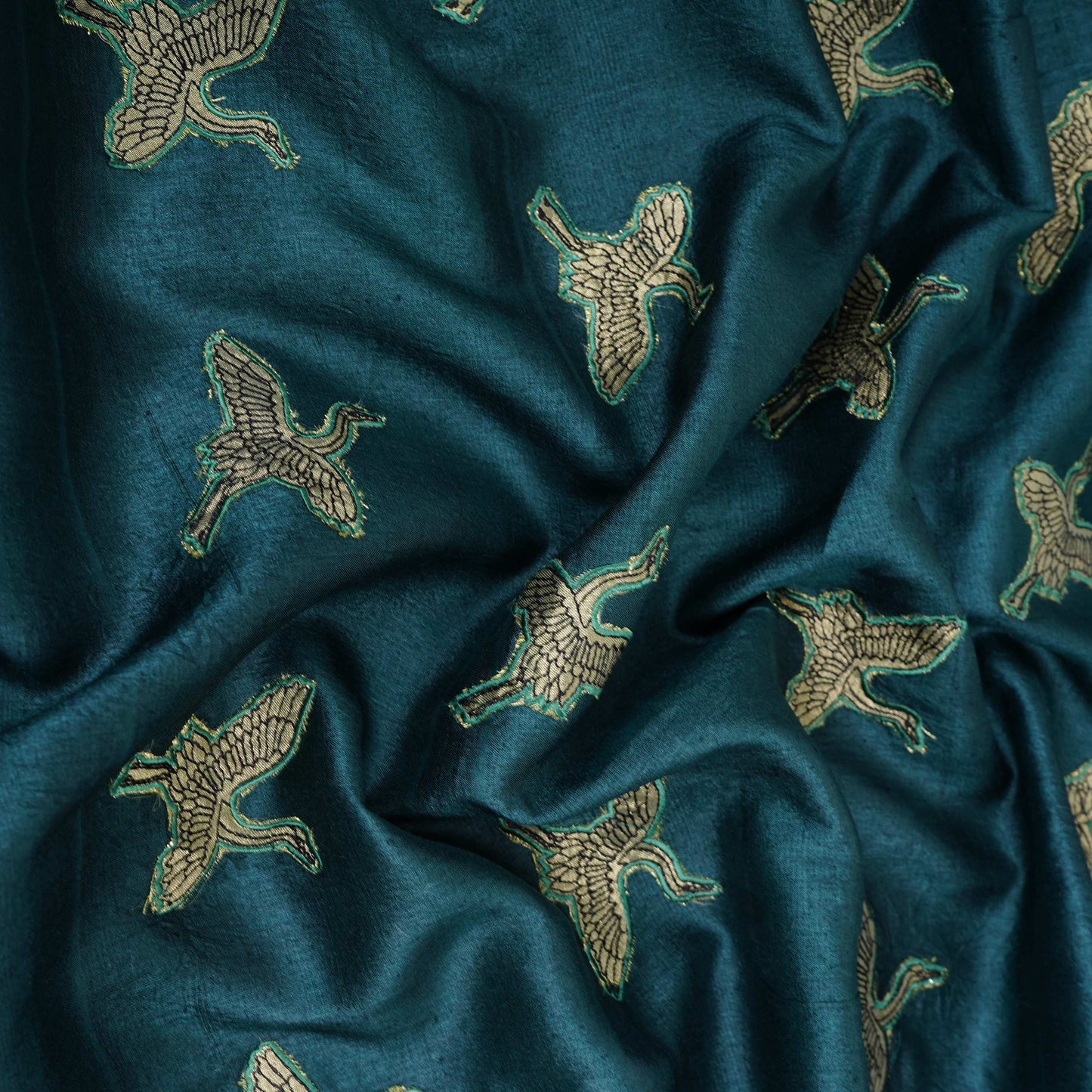 Dark Green Parsi Embroidery Pure Tusser Silk Fabric CW-32562