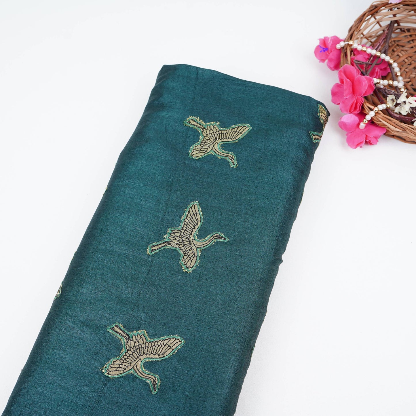 Dark Green Parsi Embroidery Pure Tusser Silk Fabric CW-32562