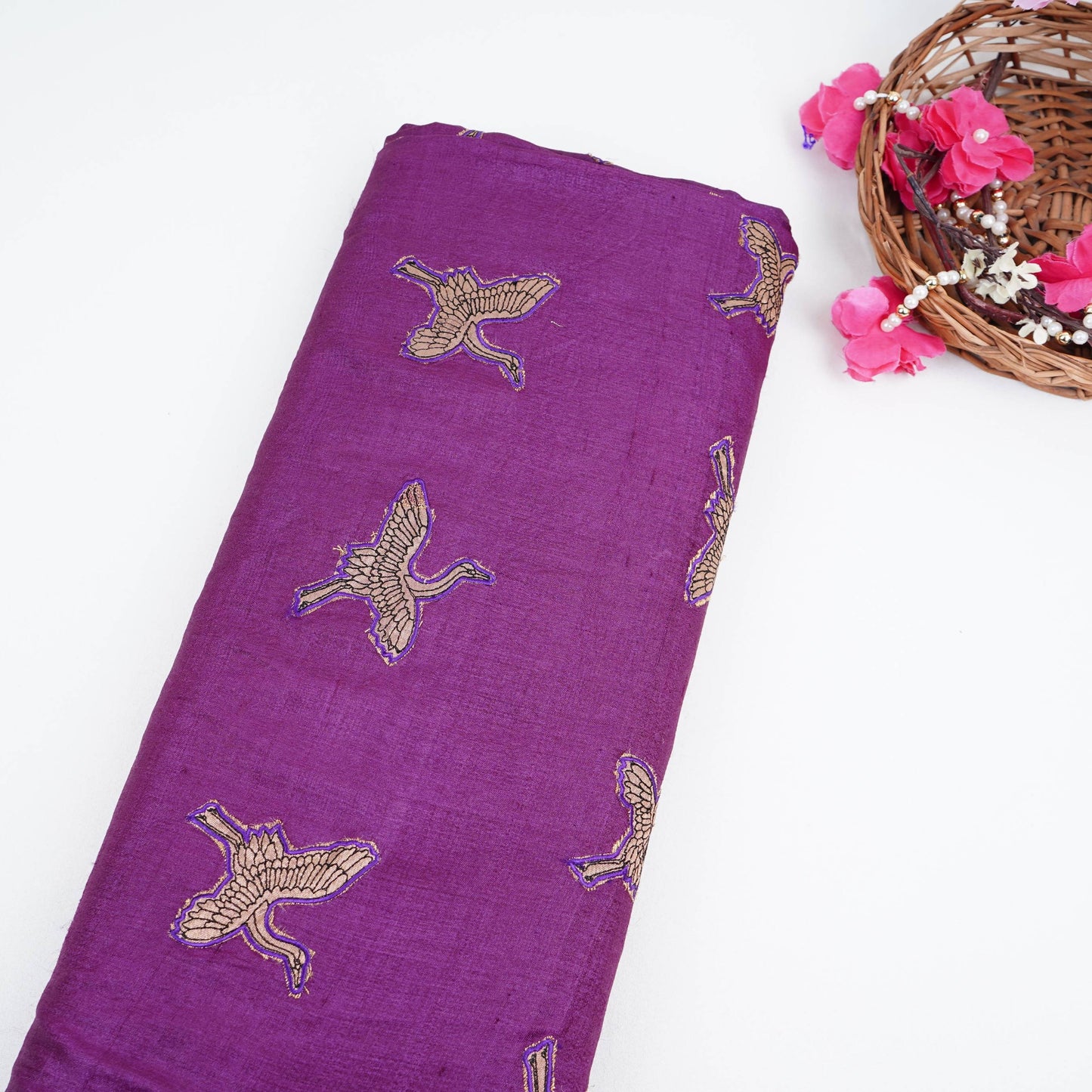 Purple Parsi Embroidery Pure Tusser Silk Fabric CW-32564