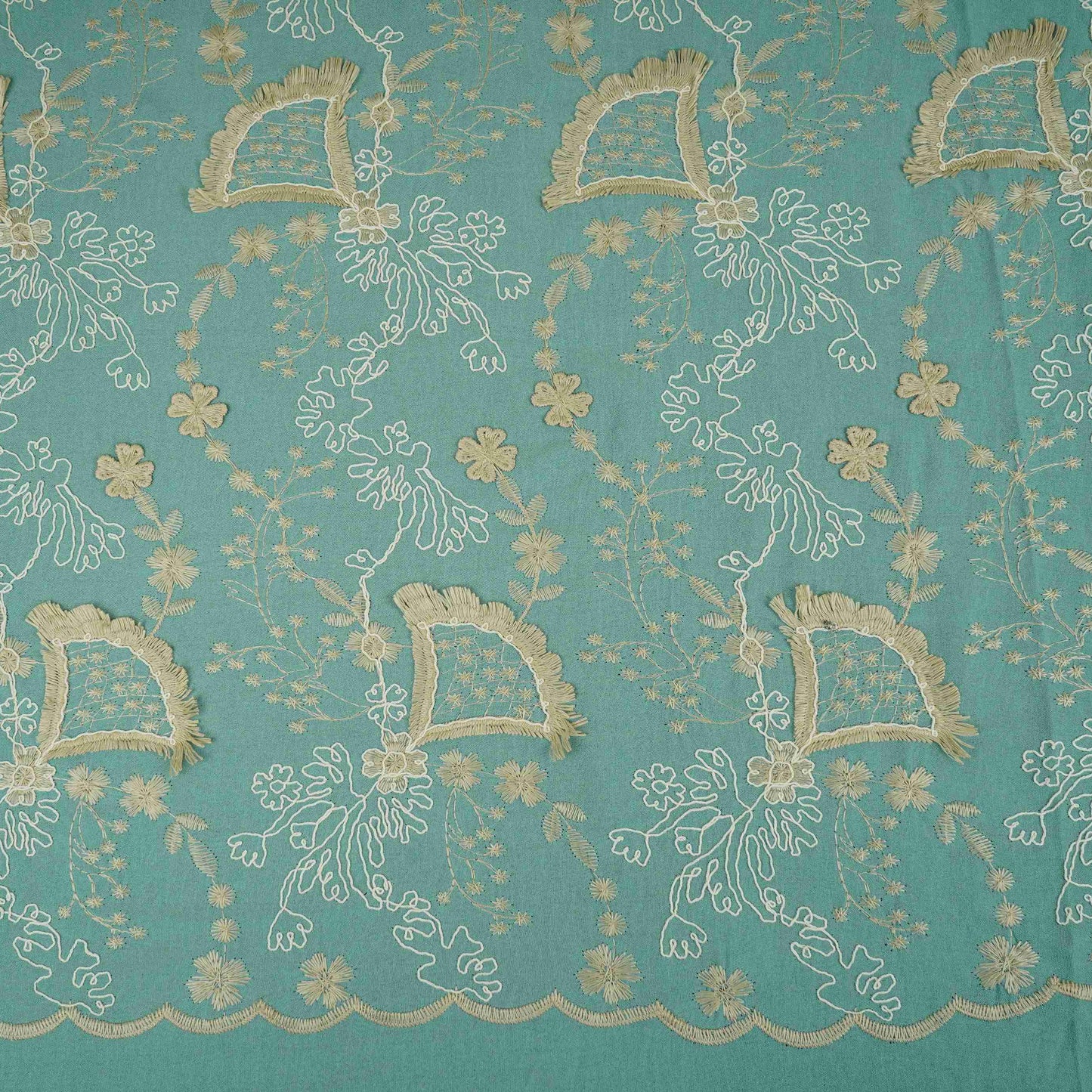Teal Green 3D Floral Embroidery Moss Crepe Fabric CF-30483