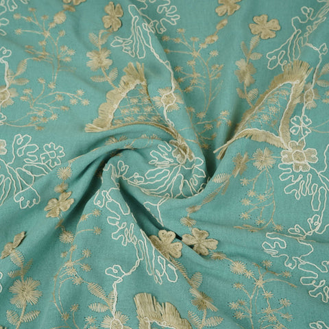 Teal Green 3D Floral Embroidery Moss Crepe Fabric CF-30483