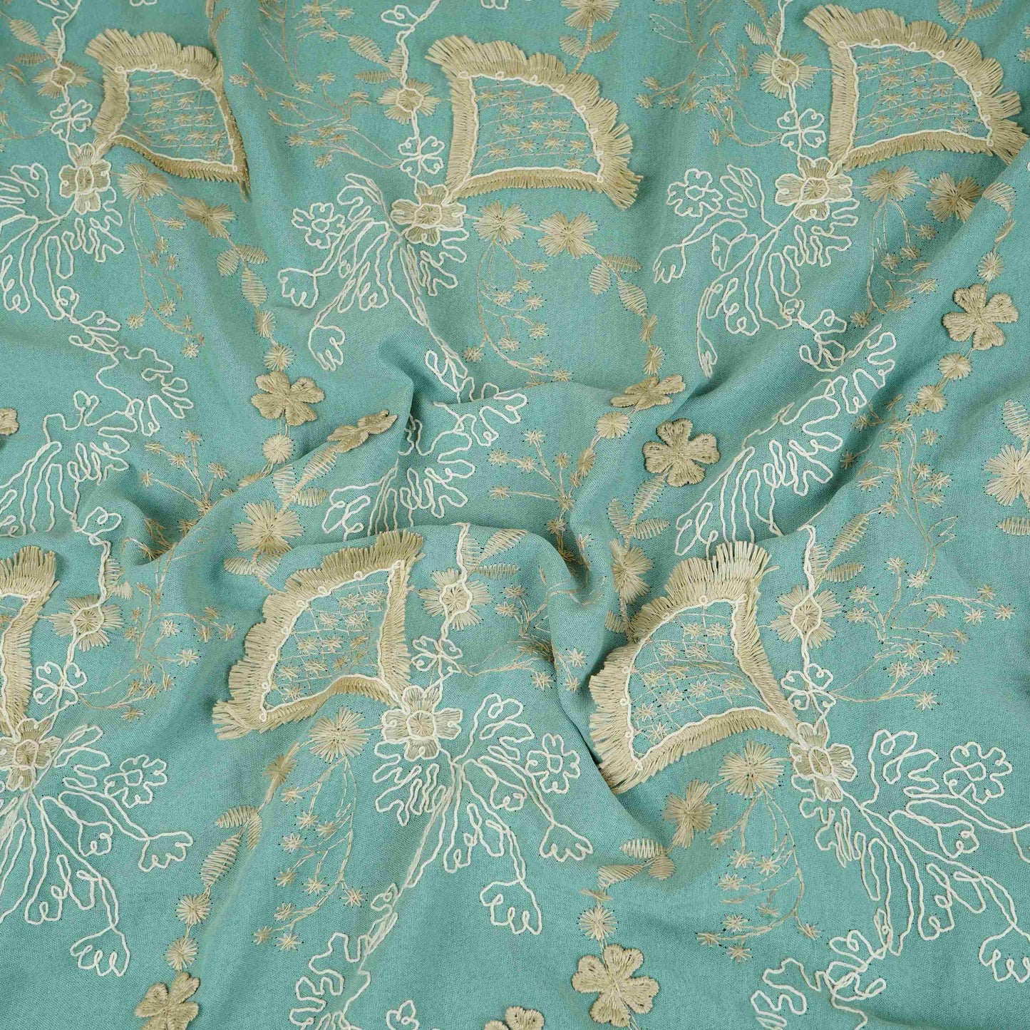 Teal Green 3D Floral Embroidery Moss Crepe Fabric CF-30483