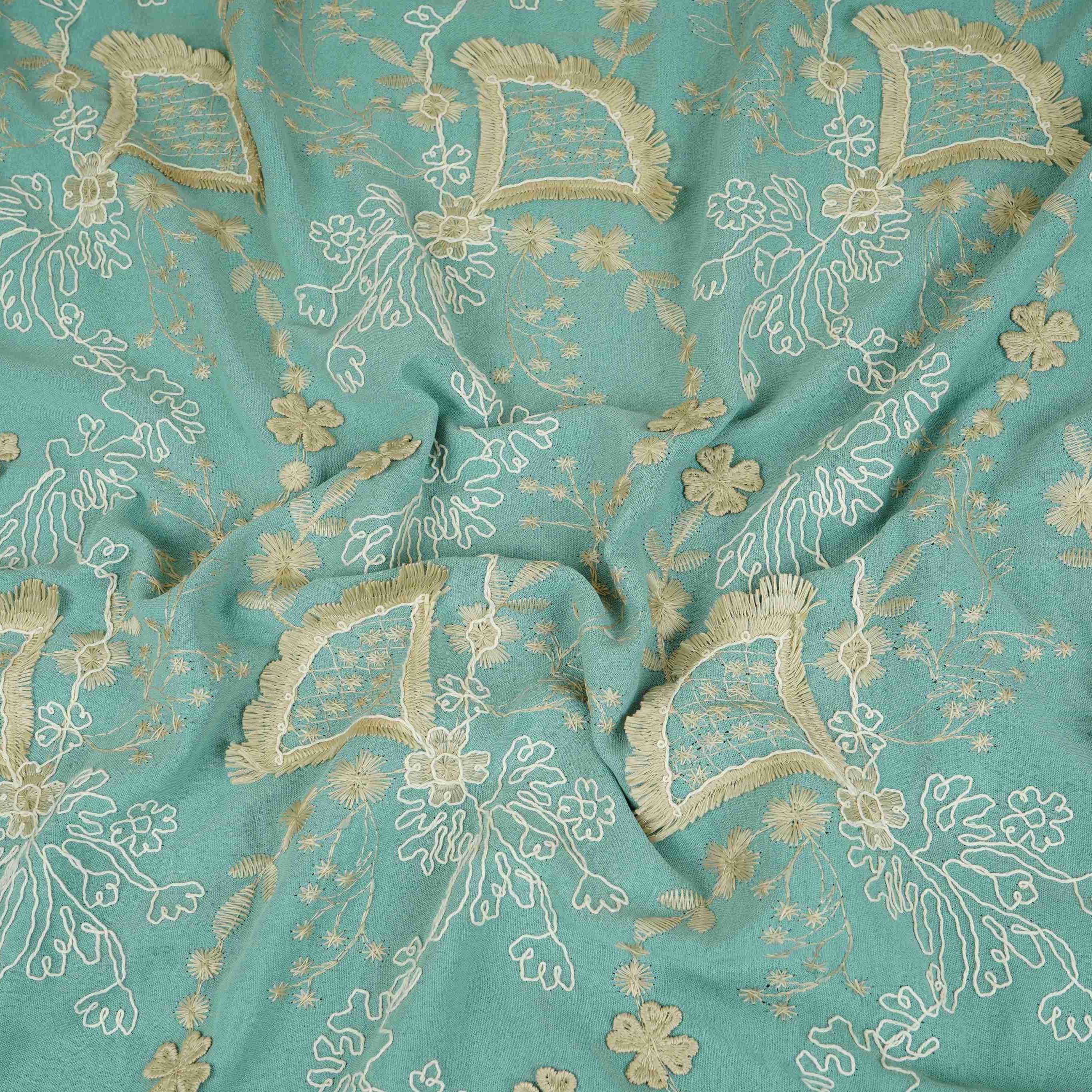 Teal Green 3D Floral Embroidery Moss Crepe Fabric CF-30483 - TradeUNO