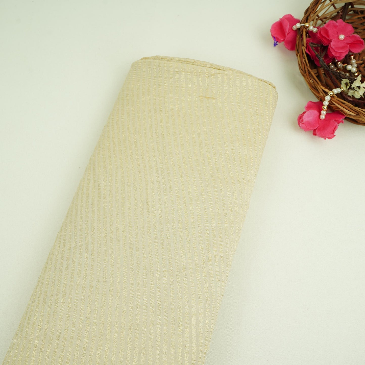 Golden Dyeable Zari Stripes Pure Munga Silk Fabric CW-32565