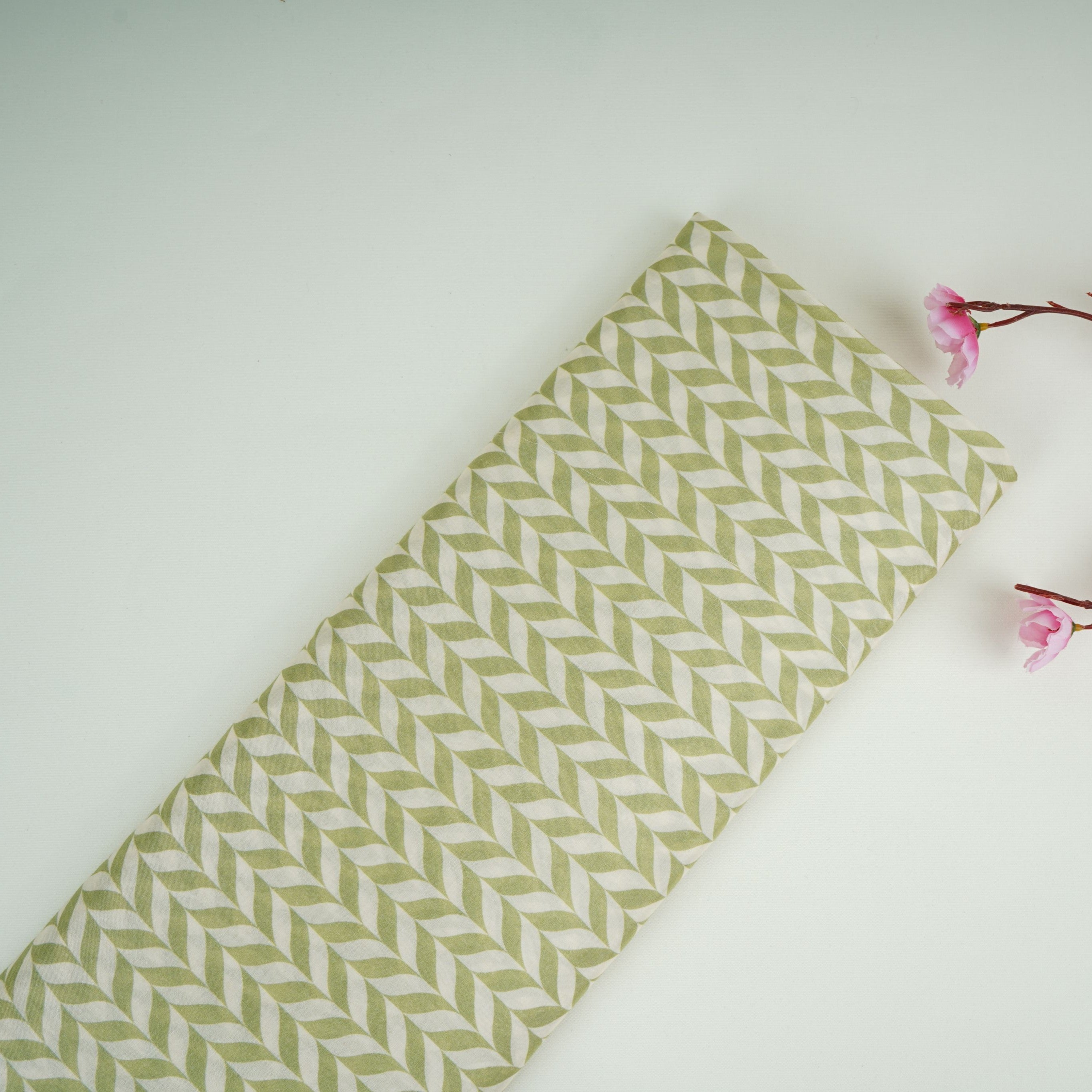 Cream With Green Abstract Print Muslin Fabric GTS-30939 - TradeUNO