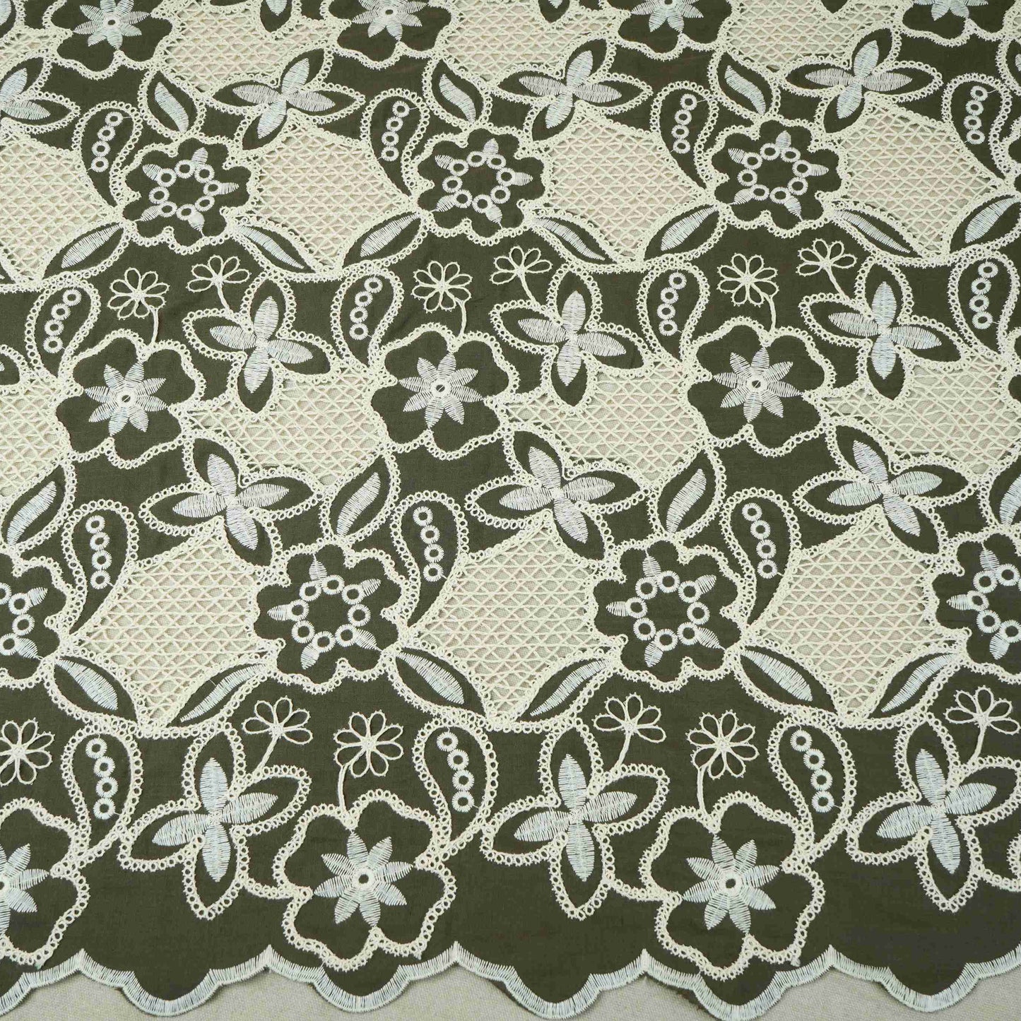 Dark Green Floral Schiffli Embroidery Cotton Fabric DVT-30568