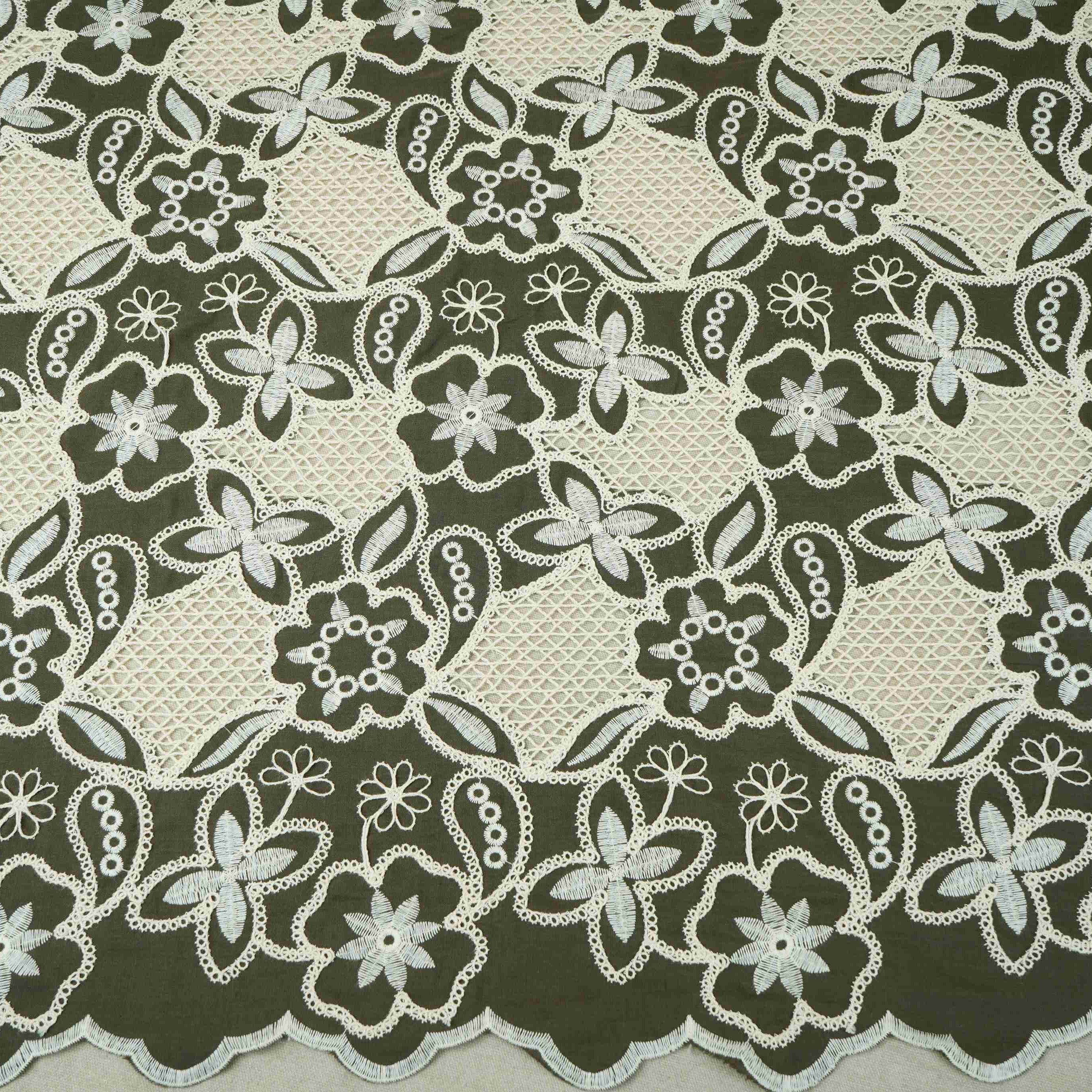 Dark Green Floral Schiffli Embroidery Cotton Fabric DVT-30568 - TradeUNO