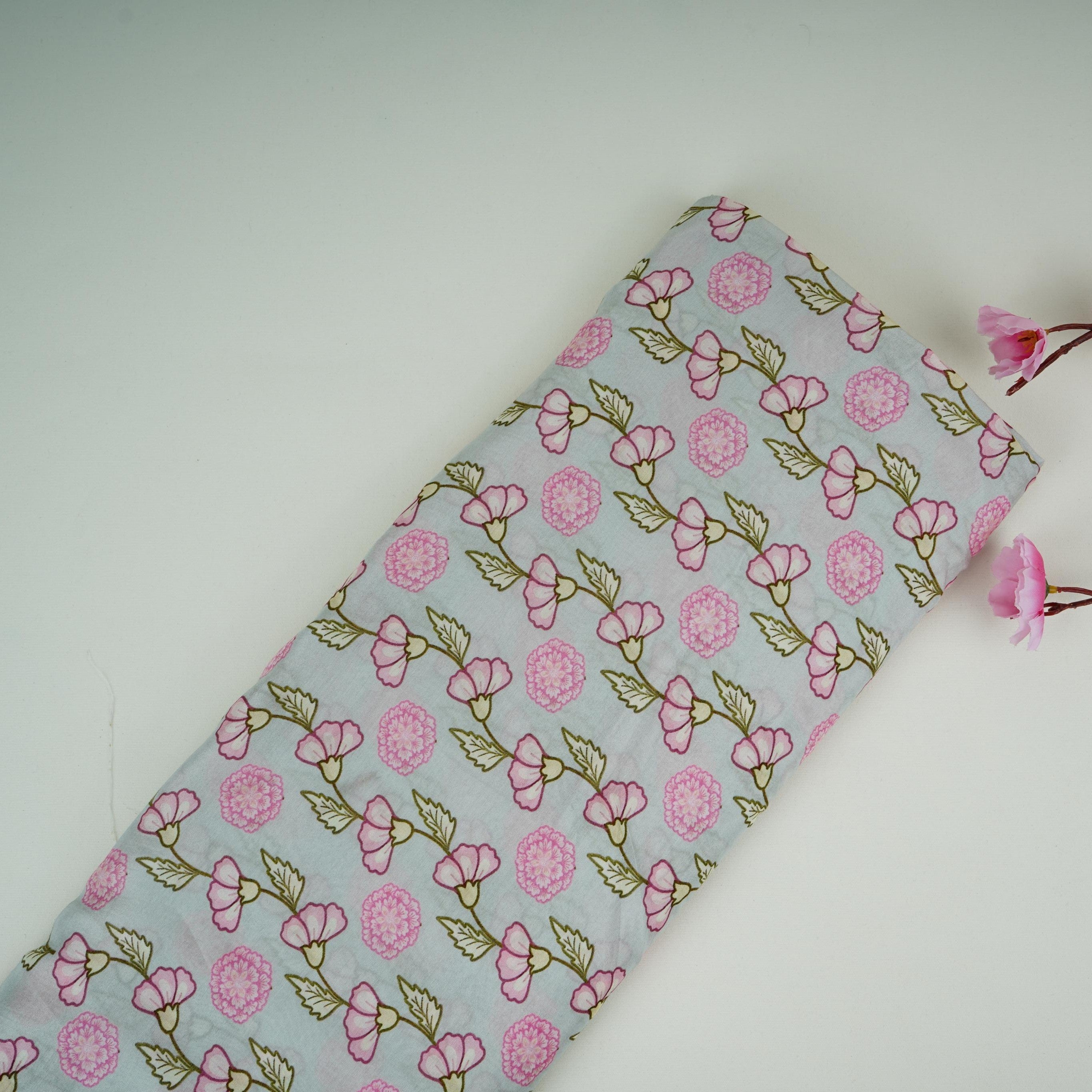 Light Grey Floral Print Muslin Fabric GTS-30949 - TradeUNO