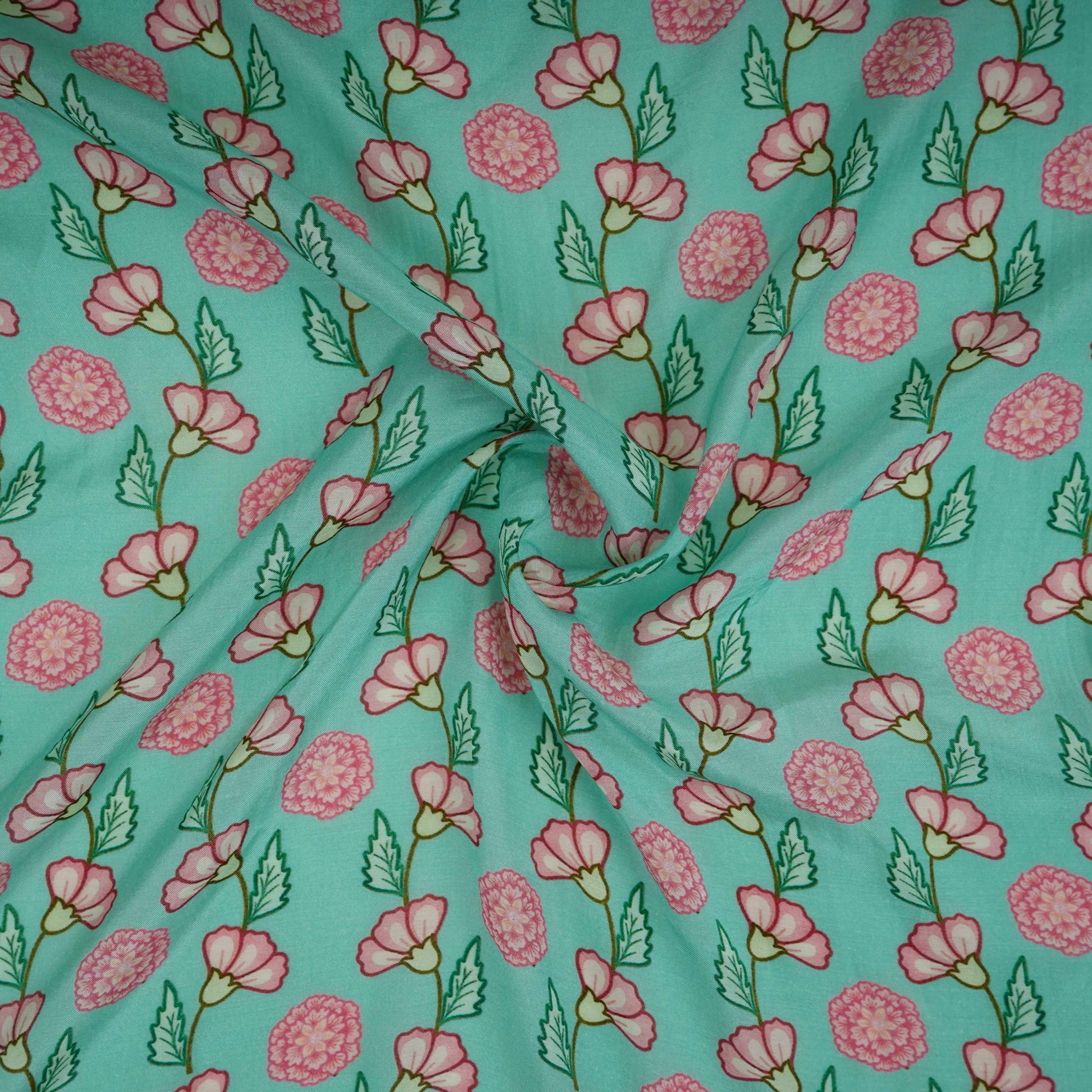 Sea Green Floral Print Muslin Fabric GTS-30945 - TradeUNO