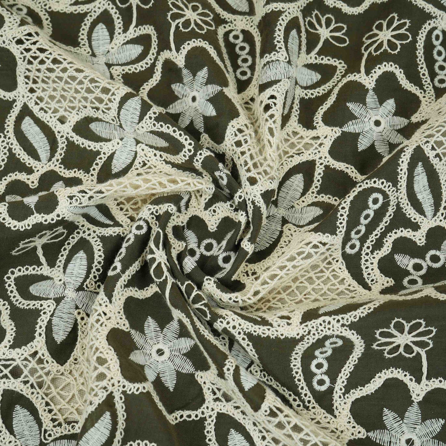 Dark Green Floral Schiffli Embroidery Cotton Fabric DVT-30568