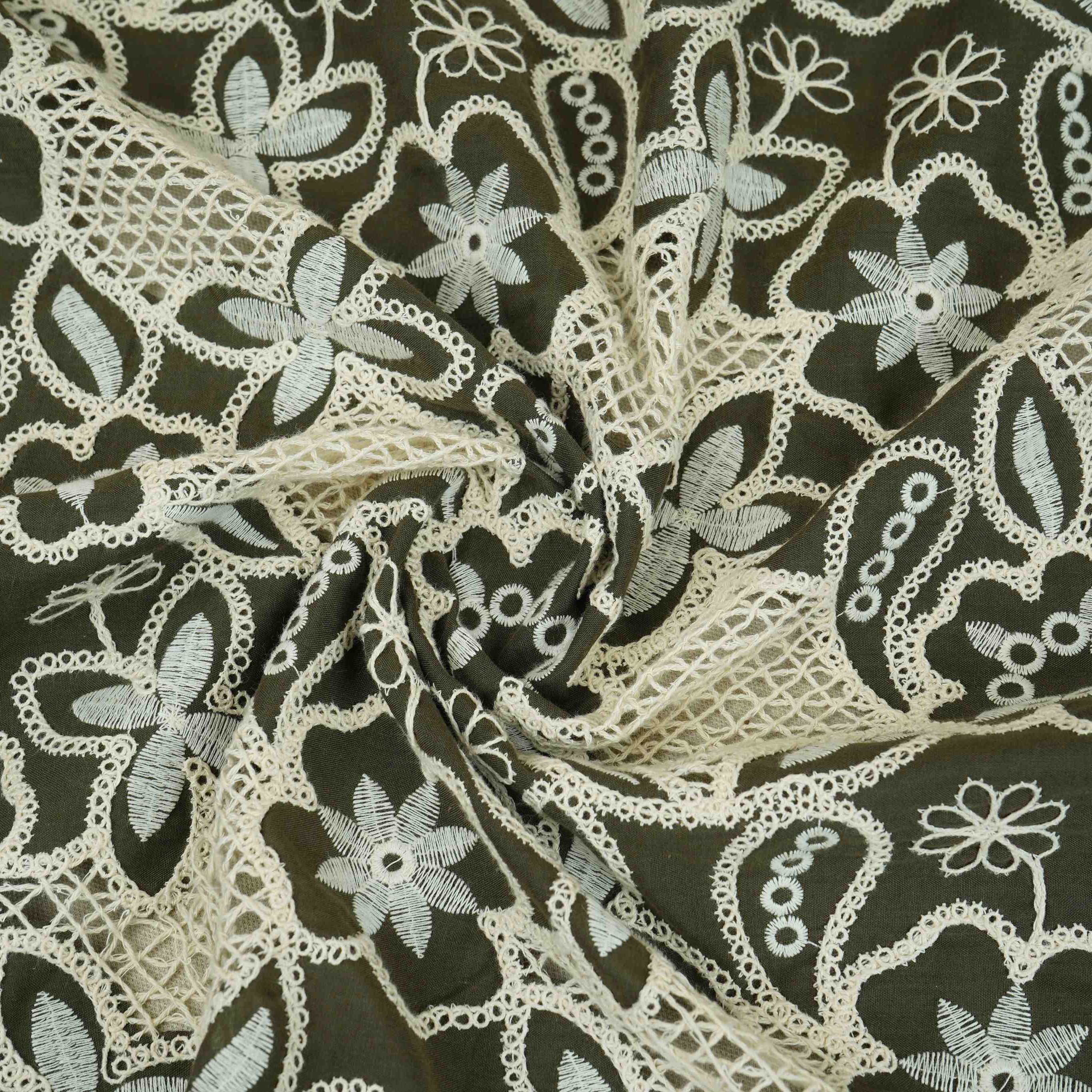 Dark Green Floral Schiffli Embroidery Cotton Fabric DVT-30568 - TradeUNO