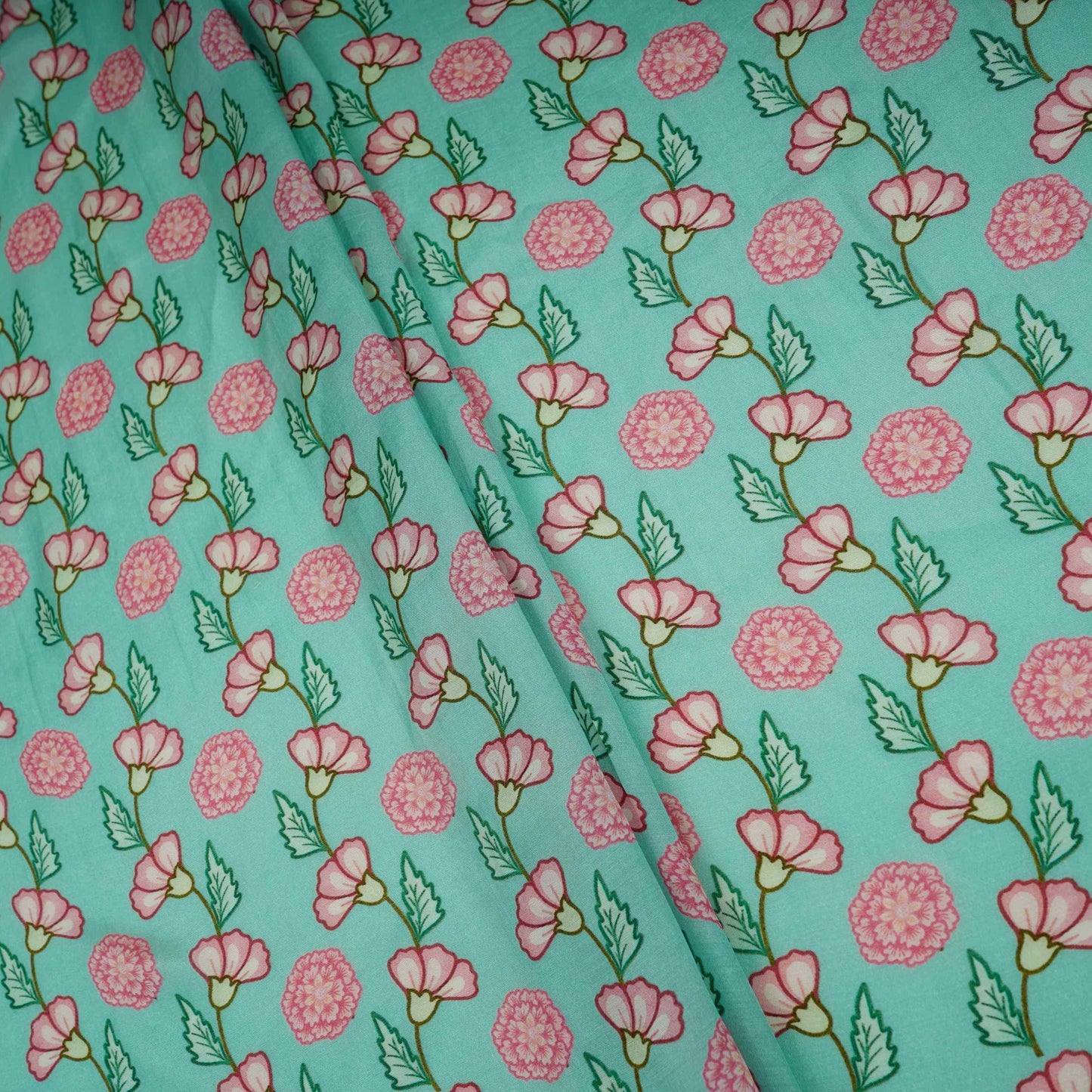 Sea Green Floral Print Muslin Fabric GTS-30945