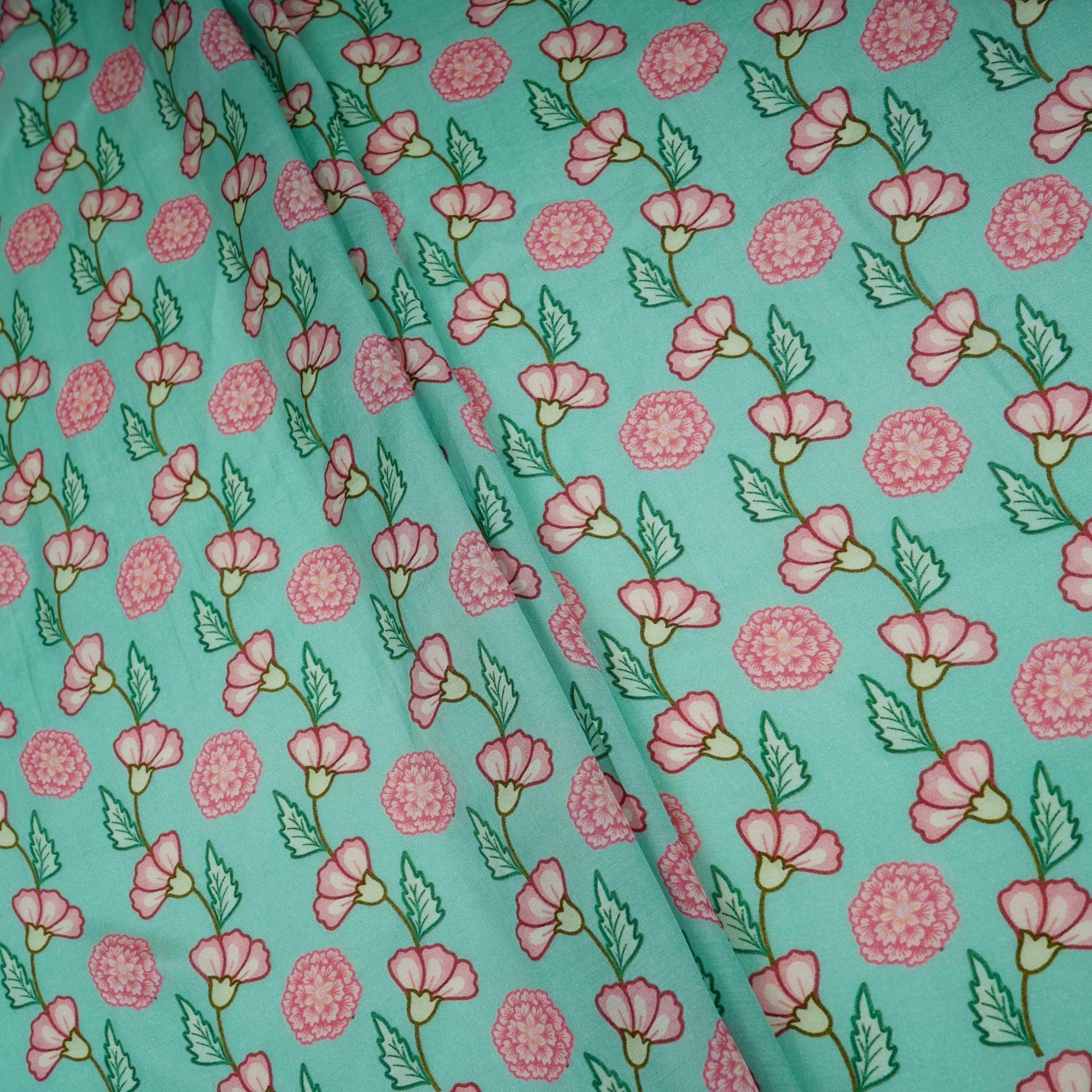 Sea Green Floral Print Muslin Fabric GTS-30945 - TradeUNO