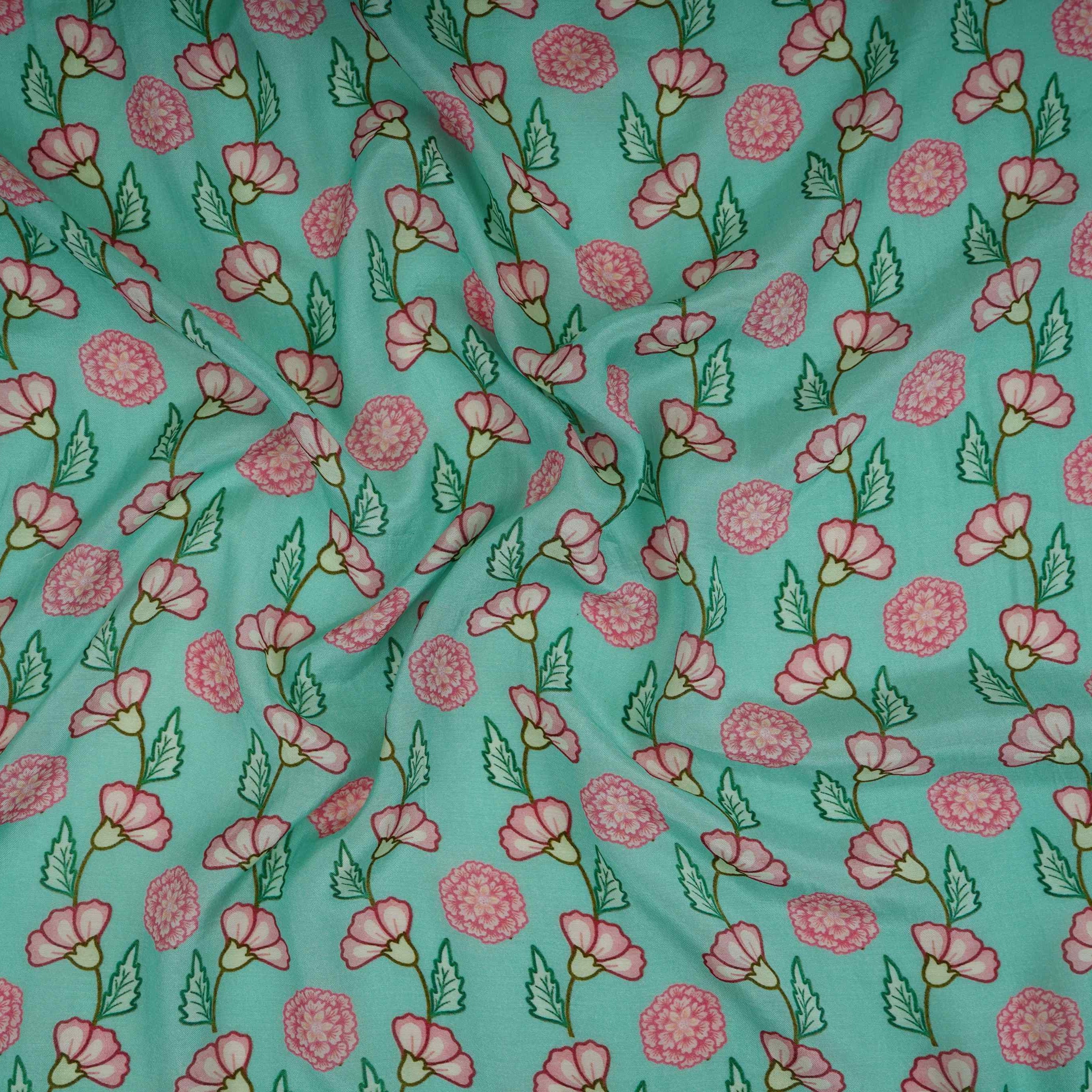 Sea Green Floral Print Muslin Fabric GTS-30945 - TradeUNO
