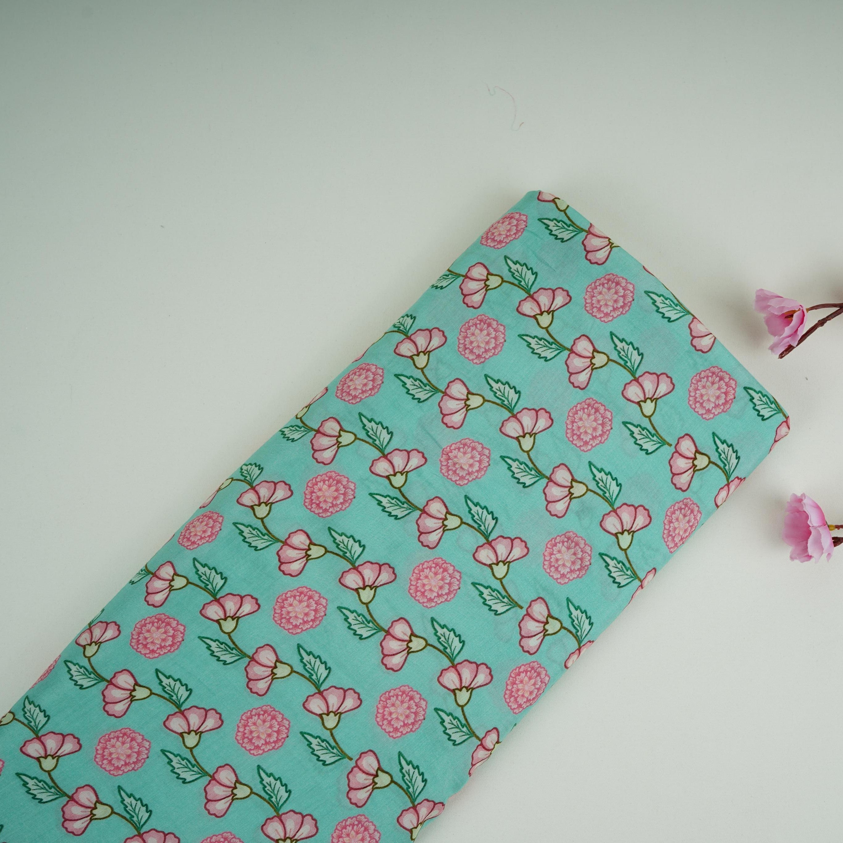 Sea Green Floral Print Muslin Fabric GTS-30945 - TradeUNO
