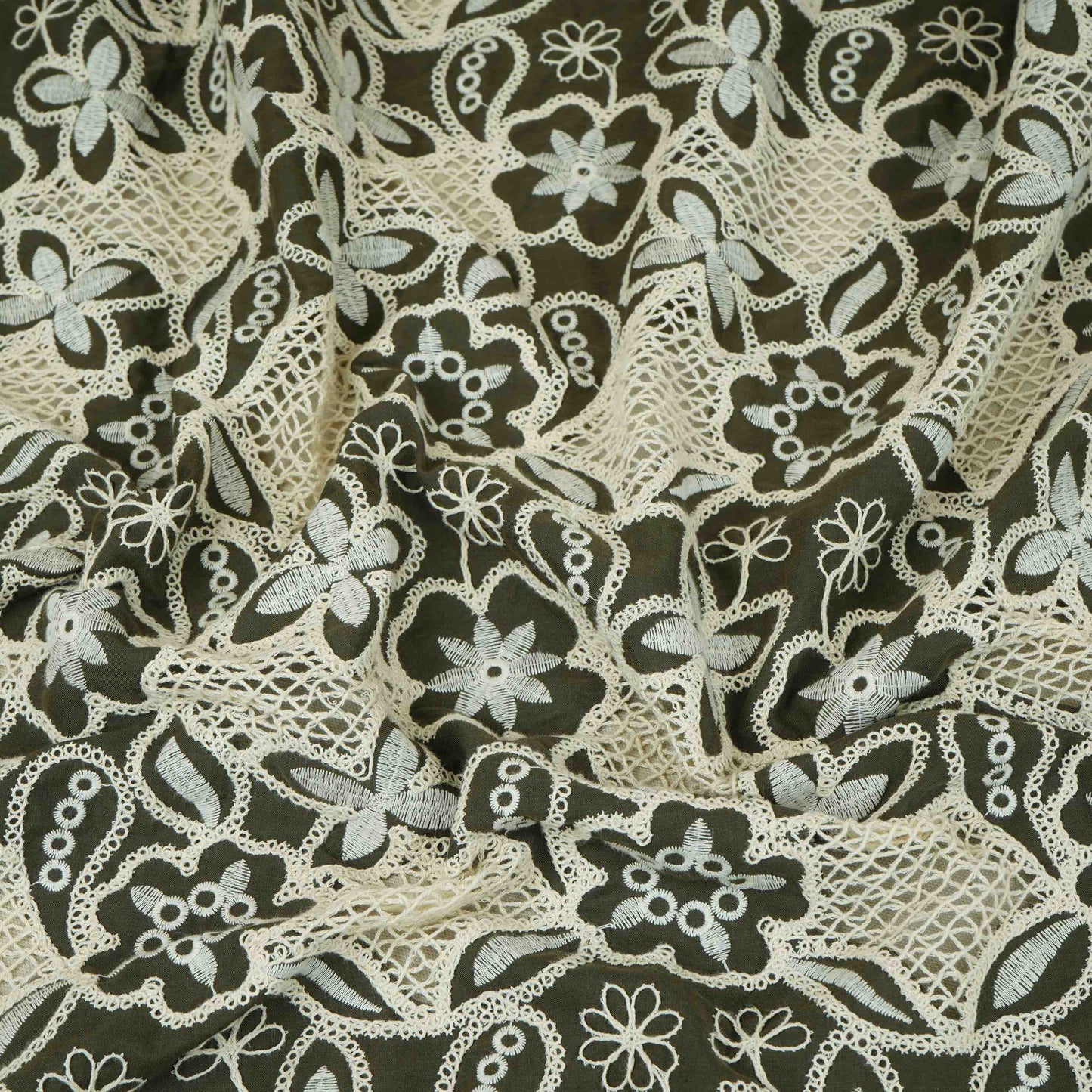 Dark Green Floral Schiffli Embroidery Cotton Fabric DVT-30568