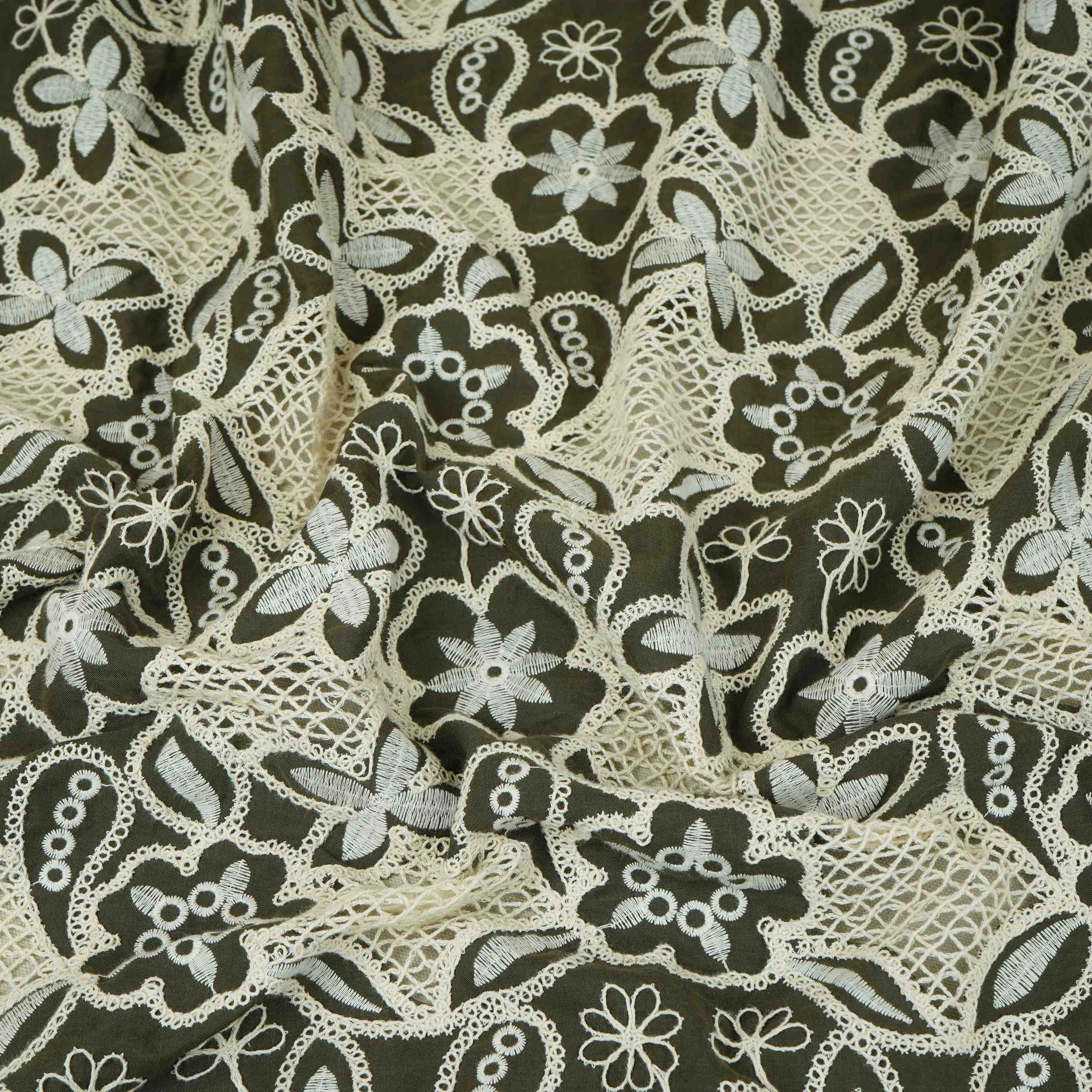 Dark Green Floral Schiffli Embroidery Cotton Fabric DVT-30568 - TradeUNO