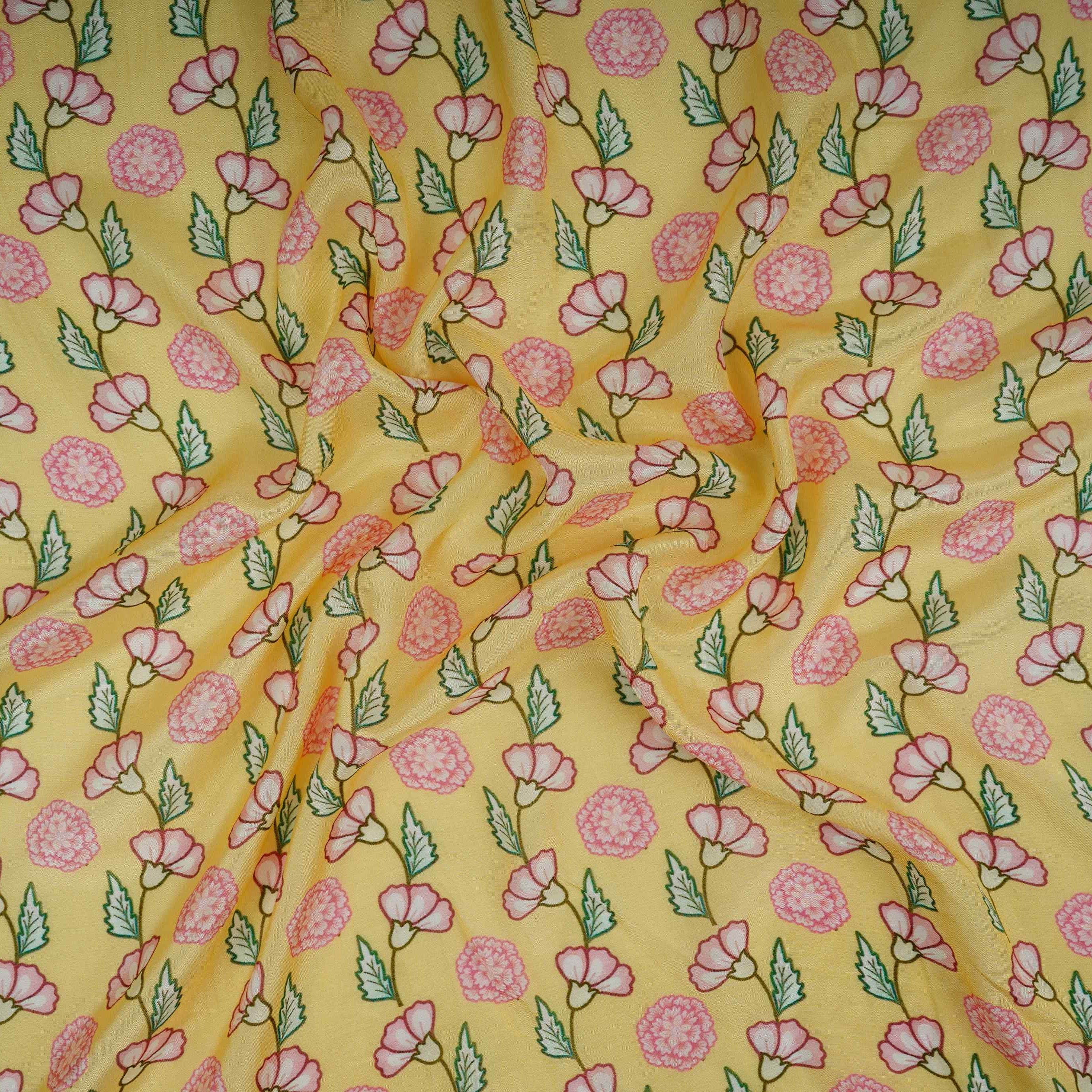 Pale Yellow Floral Print Muslin Fabric GTS-30943 - TradeUNO