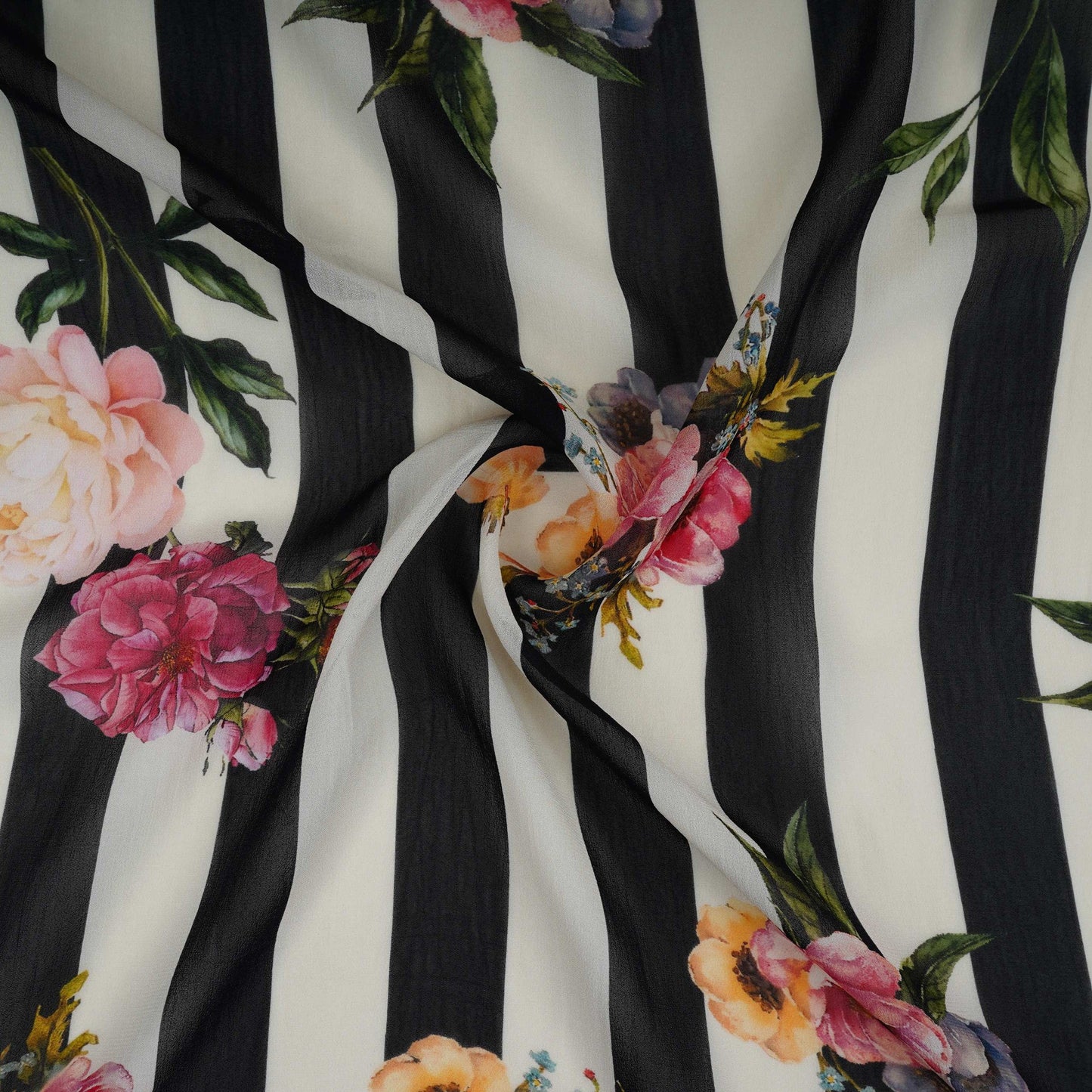Black & Off White Stripes floral print Pure Georgette Fabric MTFG-31050
