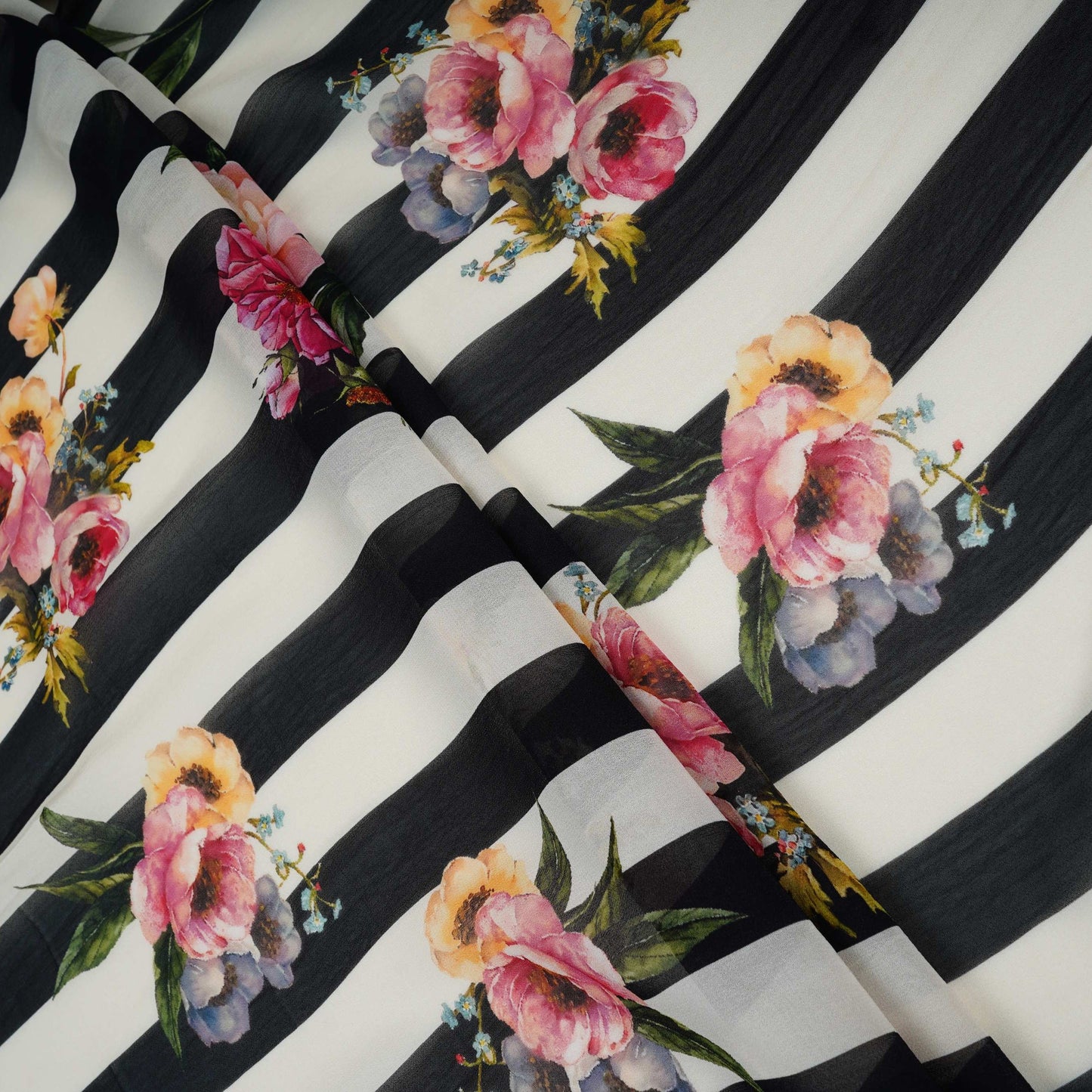Black & Off White Stripes floral print Pure Georgette Fabric MTFG-31050